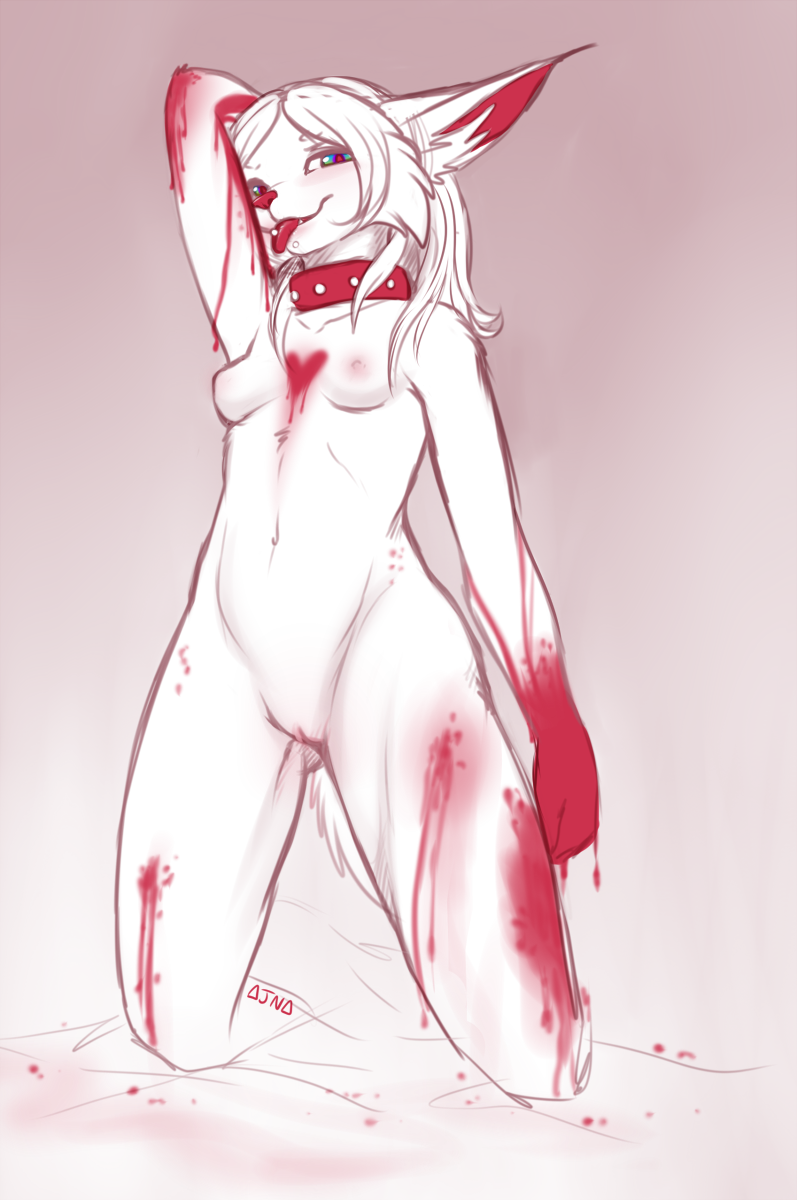 ajna anthro blood breasts canine collar female fur furry kneeling looking_at_viewer nude pussy solo tongue tongue_out