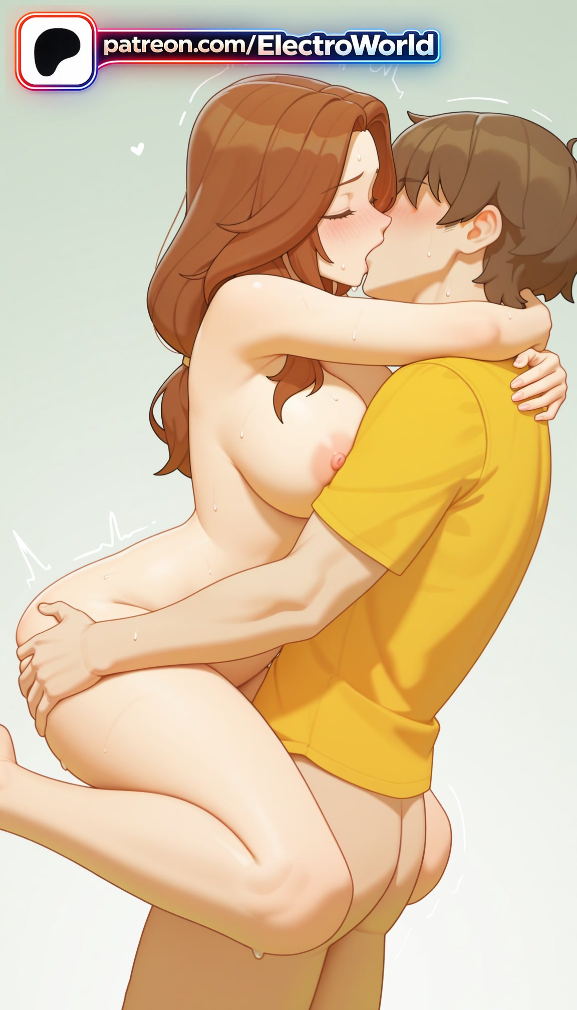 1boy, 1girls, 2026, ai generated, alice leywin, artist name, blush, breasts, brown hair, bust, chest, electroworld, exposed nipples, female, fucking, hi res, high quality, high resolution, highres, intercourse, long hair, love making, nipples, nipples outside, open mouth, patreon, patreon username, penetration, sex, sexual intercourse, shirt, stable diffusion, straight, sweat, the beginning after the end, trembling, watermark
