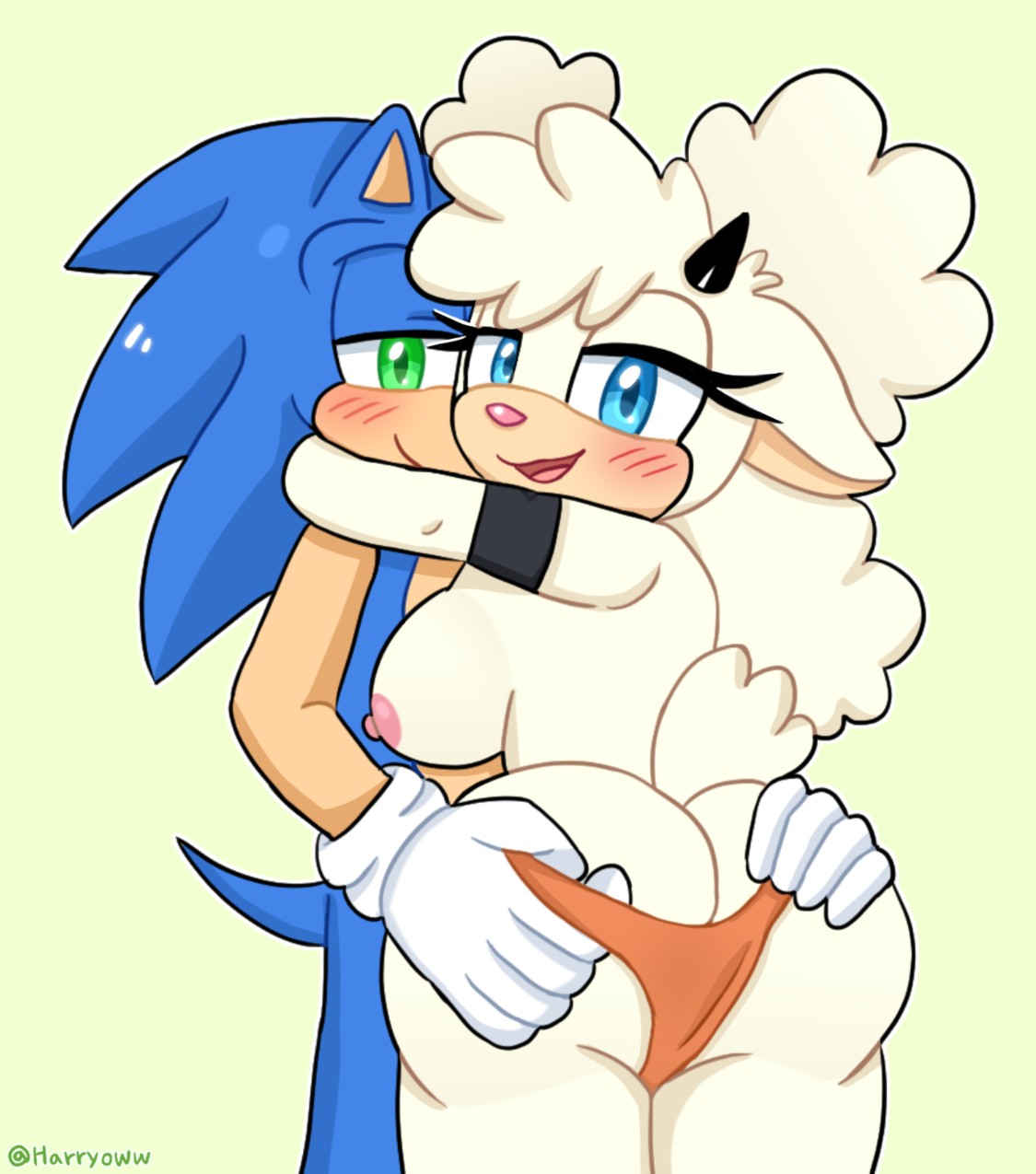 1boy, 1girls, animal ears, anthro, arms around neck, ass, big ass, big butt, black nose, blue body, blue eyes, blue fur, blue hair, blue skin, blush, breasts, bubble ass, bubble butt, commission, curvy, duo, eyelashes, female, fur, furry, gloves, grabbing panties, green eyes, hand on ass, hand on butt, harryoww, hedgehog, horn, hugging, idw comics, idw publishing, lanolin the sheep, looking at viewer, male, male/female, mammal, nipples, open mouth, panties, panties only, pink nose, sega, sheep, sheep girl, sheep horns, sideboob, simple background, smile, sonic (series), sonic the hedgehog, sonic the hedgehog (comics), sonic the hedgehog (idw), sonic the hedgehog (series), spiky hair, tail, thick ass, thick legs, thighhighs, white body, white fur, white hair, white skin, wool, wool (fur)