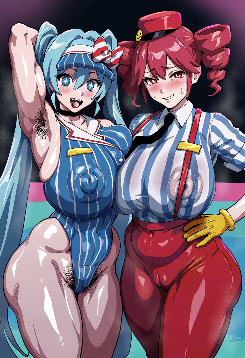 2girls, ai generated, aqua hair, areola bulge, areolae, arm behind head, arm up, armpit fetish, armpit hair, armpits, arms up, belly, big breasts, big nipples, blue eyes, blue hair, blush, breast press, breasts, cameltoe, choker, covered nipples, curvaceous, curvy, curvy female, curvy figure, drill hair, excessive pubic hair, female, female only, female pubic hair, gigantic breasts, gloves, hairbow, hand on hip, hat, hatsune miku, huge breasts, huge nipples, kasane teto, large breasts, leotard, long hair, looking at viewer, massive breasts, mesmerizer (vocaloid), mesmerizer miku, mesmerizer teto, multiple girls, musk clouds, navel, navel visible through clothes, necktie, nipple bulge, nipples, one-piece swimsuit, open mouth, pants, presenting armpit, pubic hair, pubic hair peek, pussy, red eyes, red hair, segmented stomach, sharp teeth, skindentation, smile, steaming body, striped, suspenders, sweat, sweating, swimsuit, teeth, thick thighs, thighs, tight clothing, tight pants, twin drills, twintails, utau, venus body, very long hair, visor cap, vocaloid, voluptuous, voluptuous female, wide hips, yellow gloves
