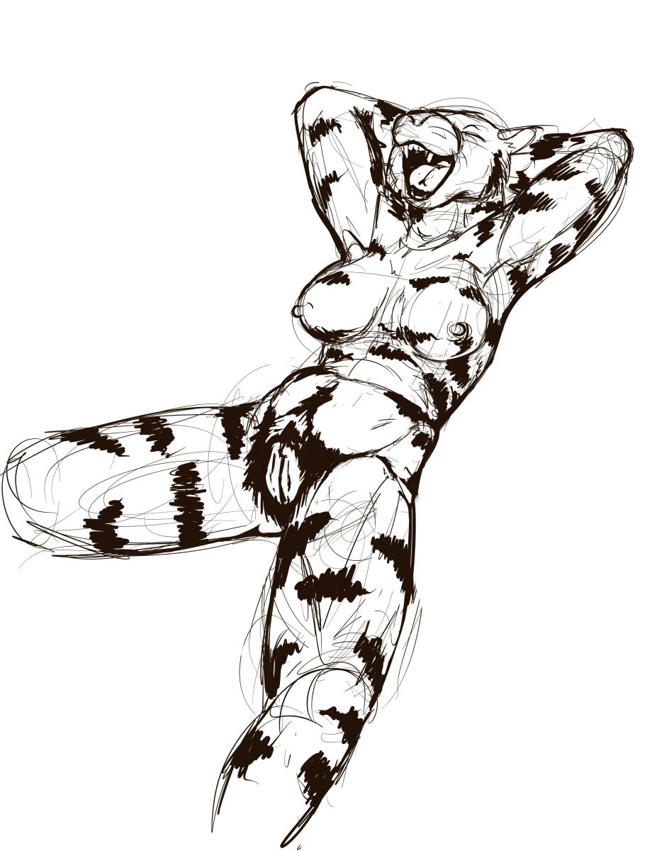 anthro black_and_white breasts felid female fur genitals hands_behind_head hi_res jeri_kleinlowe mammal monochrome navel nipples nude nude_female open_mouth pantherine pubes pussy simple_background smile solo spread_legs spreading striped_body striped_fur stripes teeth tiger tongue vulva white_background