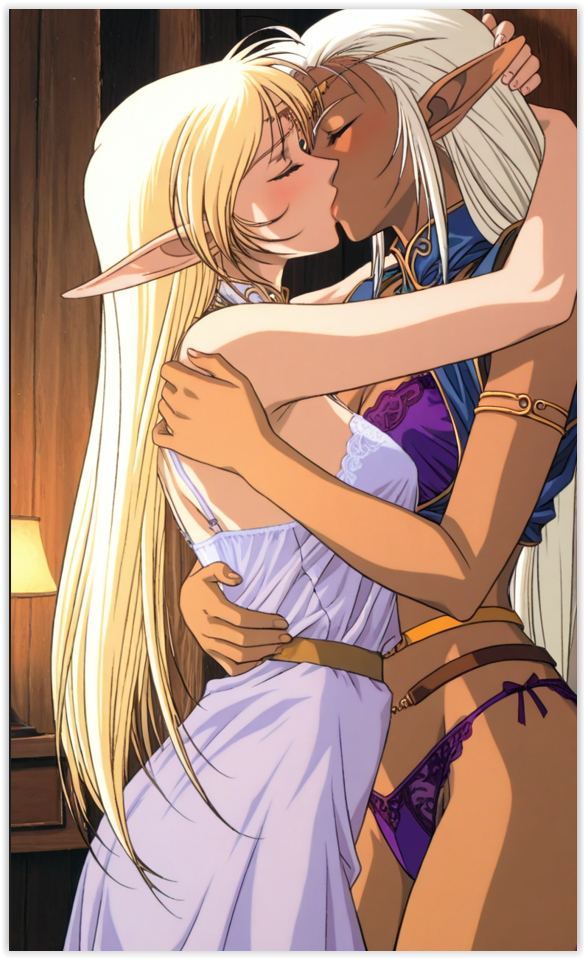 ai_generated blonde_hair dark-skinned_female dark_skin deedlit elves lesbian_couple lesbian_domination lesbian_focus lesbian_kiss lesbian_sex pirotess pointy_ears tan_body white_hair yuri
