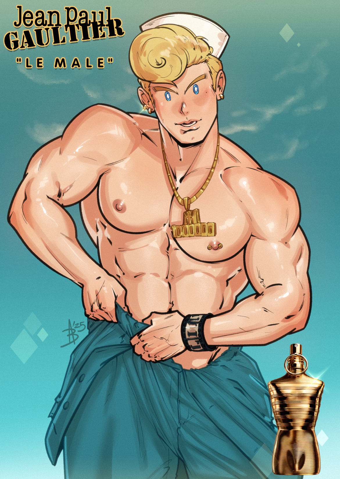 antibooart, biceps, boku no hero academia, gay, gay male, gold chain, gold jewelry, male, male only, mirio togata, muscular, muscular male, musuclar, my hero academia, nipple piercing, nipples, partially clothed, pecs, pierced nipples, piercing, shirtless, shirtless male, solo, solo focus, solo male, togata mirio, yaoi