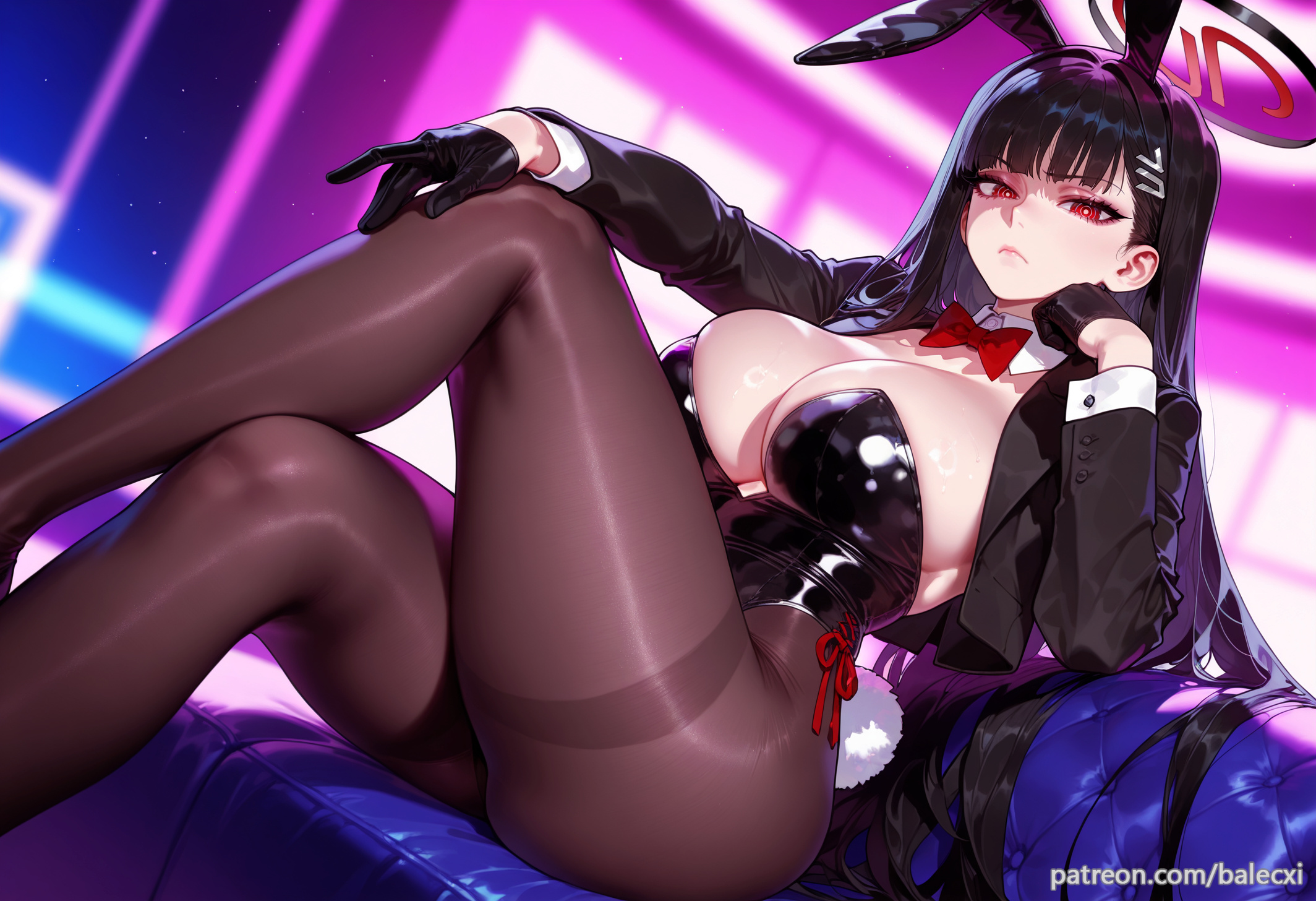 ai generated, animal ears, balecxi, black gloves, black hair, black jacket, black leotard, black pantyhose, blue archive, blurry background, bow, bowtie, breasts, closed mouth, crossed legs, detached collar, fake animal ears, fake tail, female, hair ornament, halo, large breasts, long hair, long sleeves, looking at viewer, pantyhose, playboy bunny, rabbit ears, rabbit tail, red eyes, rio (blue archive), sitting, solo, strapless, strapless leotard, thighs