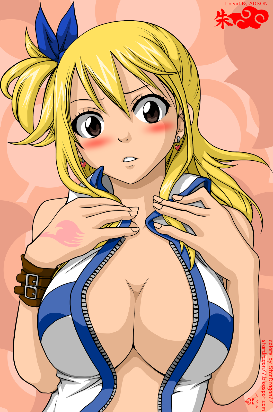 adsontaicho blonde_hair blush brown_eyes cleavage earrings fairy_tail female female_only human looking_at_viewer lucy_heartfilia open_clothes open_shirt pink_panties shirt solo stardragon77