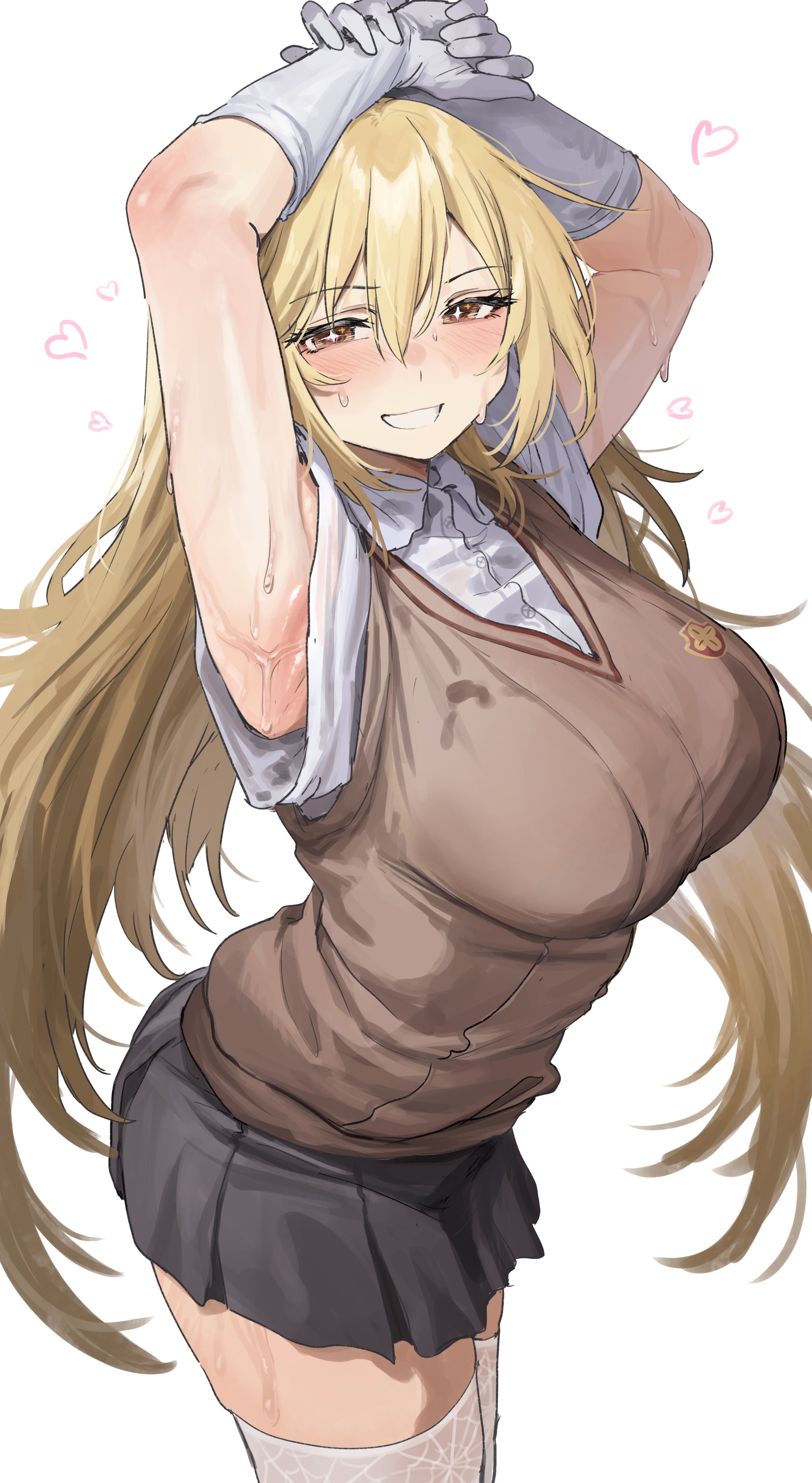 1girls, absurdres, aochoku, armpits, arms up, black skirt, blonde hair, blush, breasts, brown sweater vest, commentary, elbow gloves, female, gloves, hair between eyes, highres, human, human female, large breasts, long hair, looking at viewer, miniskirt, pleated skirt, presenting armpit, school uniform, shirt, shokuhou misaki, simple background, skindentation, skirt, smile, solo, sparkling eyes, summer uniform, sweater vest, sweaty armpits, symbol-only commentary, teenage female, teenager, thighs, to aru kagaku no mental out, to aru kagaku no railgun, to aru majutsu no index, toaru kagaku no railgun, toaru majutsu no index, tokiwadai school uniform, very long hair, white background, white gloves, white shirt, yellow eyes