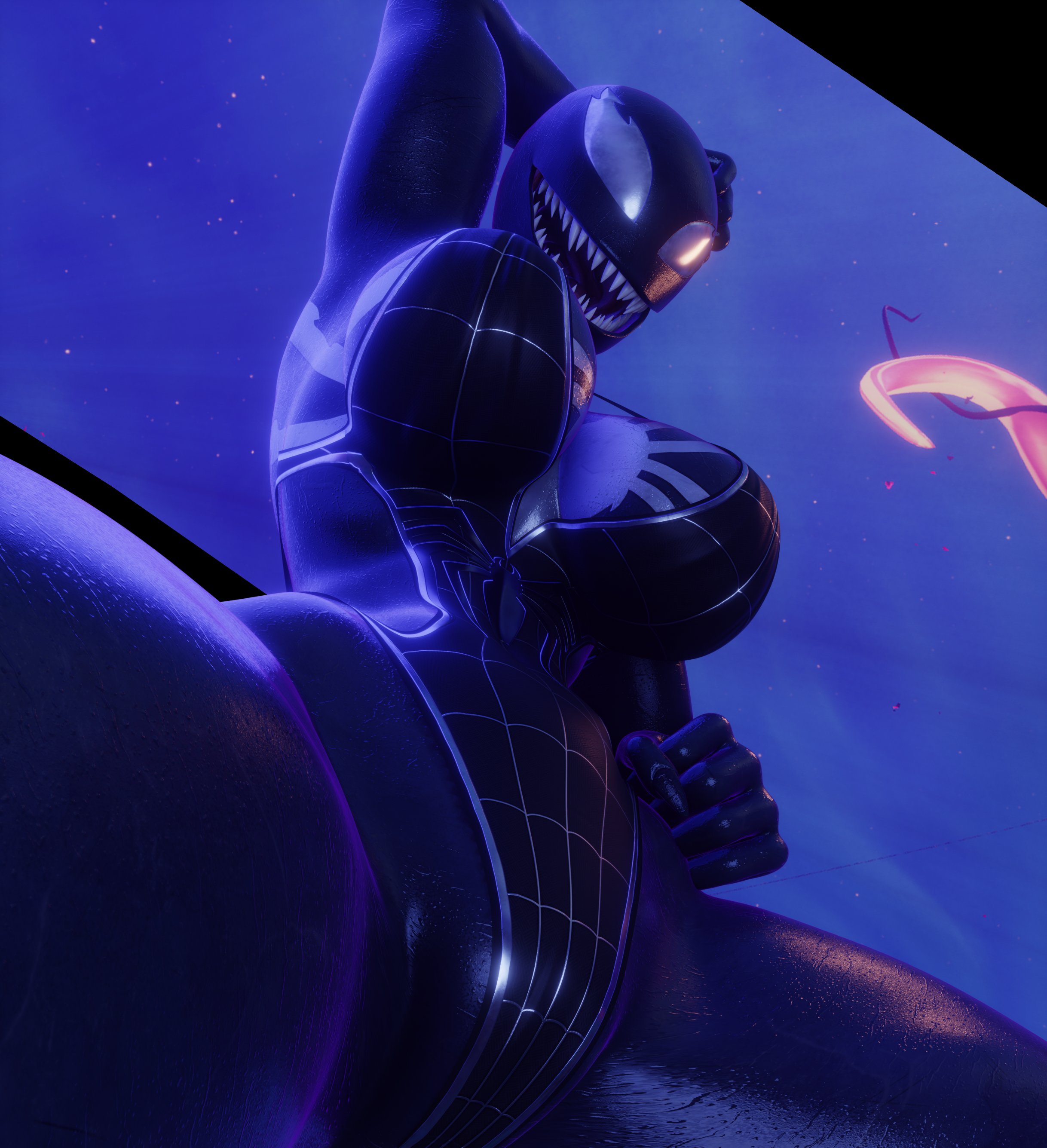 3d, 3d (artwork), arm behind head, arm up, armpit, black body, black skin, blender, breasts, breasts apart, breasts focus, cleavage, clothed, clothing, cosplay, costume, disney, epic games, female, fit, fit female, fortnite, hand behind head, hand on stomach, looking at viewer, looking down, marvel, marvel comics, muscular, muscular female, night, night sky, open mouth, peppertgp, pussy, pussy focus, revealing clothes, sharp teeth, she-venom, she-venom (cosplay), skin tight, skinsuit, smile, smiling, smiling at viewer, spider-girl (cosplay), spread legs, swimsuit, symbiote, symbiote suit, teeth, teeth showing, teeth visible, thick, thick thighs, thighs, tight clothes, tight clothing, tight fit, venom (marvel), white eyes, wide hips