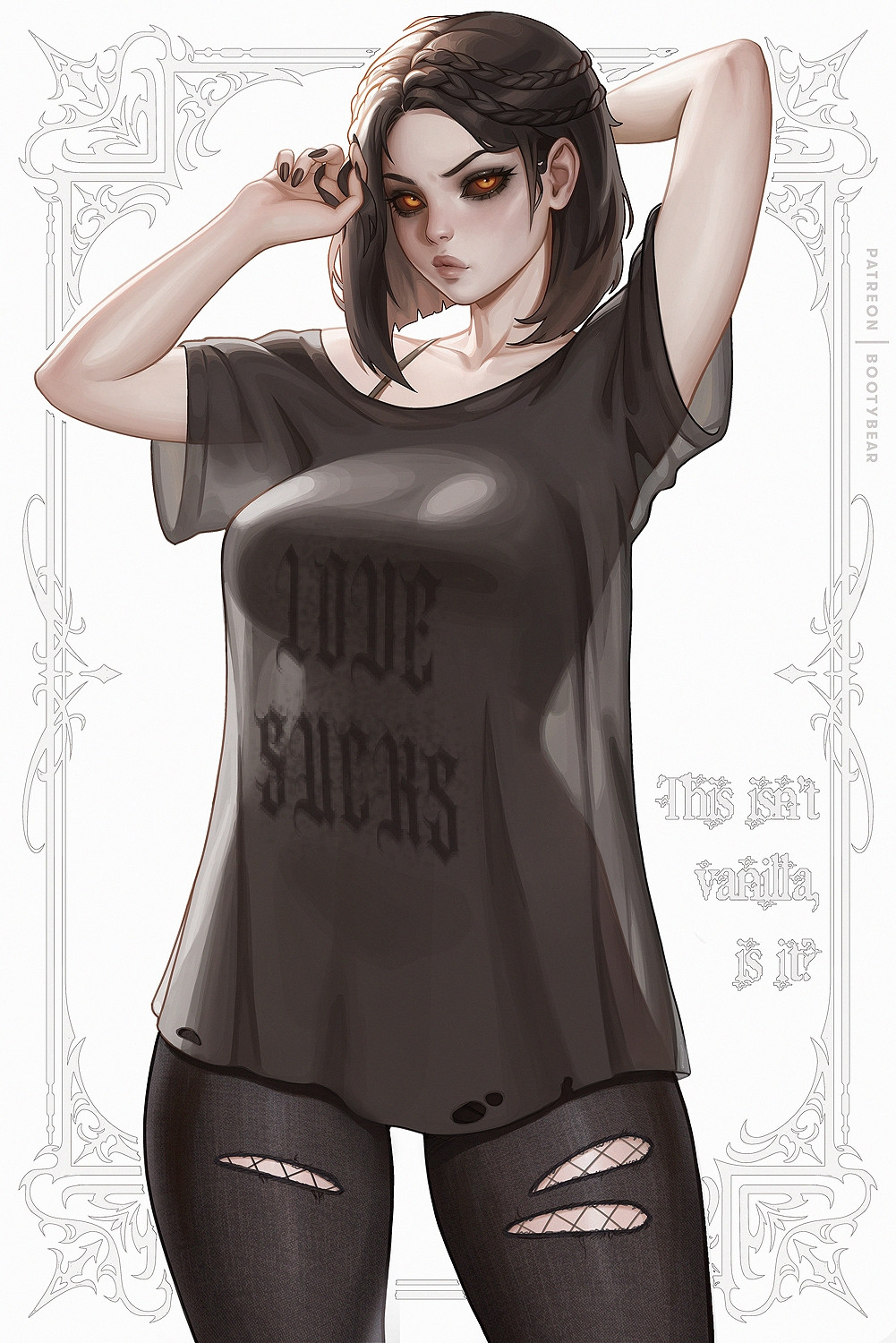 1girls, 2025, alternate version available, bethesda softworks, black hair, black nails, black sclera, bootybear, braid, braided hair, clothing, digital media (artwork), female, female only, fishnets, fully clothed, leggings, long fingernails, makeup, nail polish, no visible genitalia, orange eyes, painted fingernails, painted nails, serana, skyrim, solo, solo female, t-shirt, text, the elder scrolls, vampire, vampire girl, white background