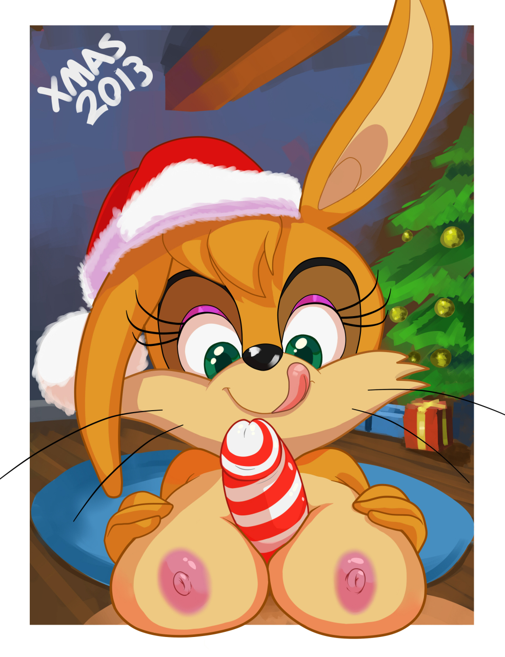 2013 anthro areola big_breasts breasts bunnie_rabbot christmas cm_august color erect_nipples erection faceless_male female green_eyes hair hat headgear holidays lagomorph male nipples paizuri penis rabbit santa_hat sega sex smile sonic_(series)