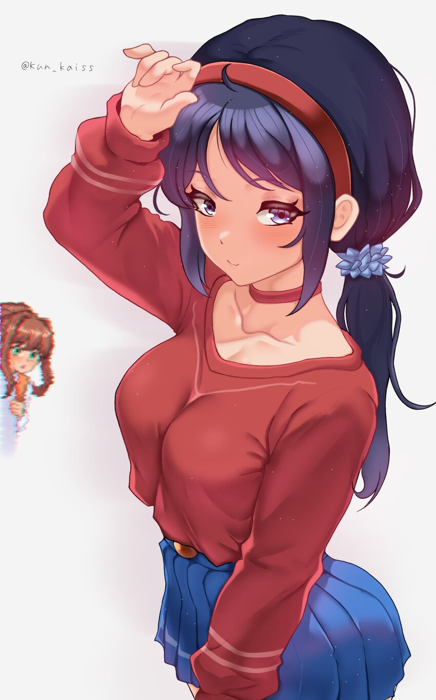 2girls arms_up artist_name blue_eyes blue_hair blush brown_hair choker collarbone crazy_mita_(miside) crossover doki_doki_literature_club eyebrows_visible_through_hair glitch green_eyes hand_on_own_head headband highres kun_kaiss looking looking_at_viewer medium_breasts miside mita_(miside) monika_(doki_doki_literature_club) not_porn red_sweater sfw shrug_(clothing) skirt smiling_at_viewer surprised_expression twintails white_background