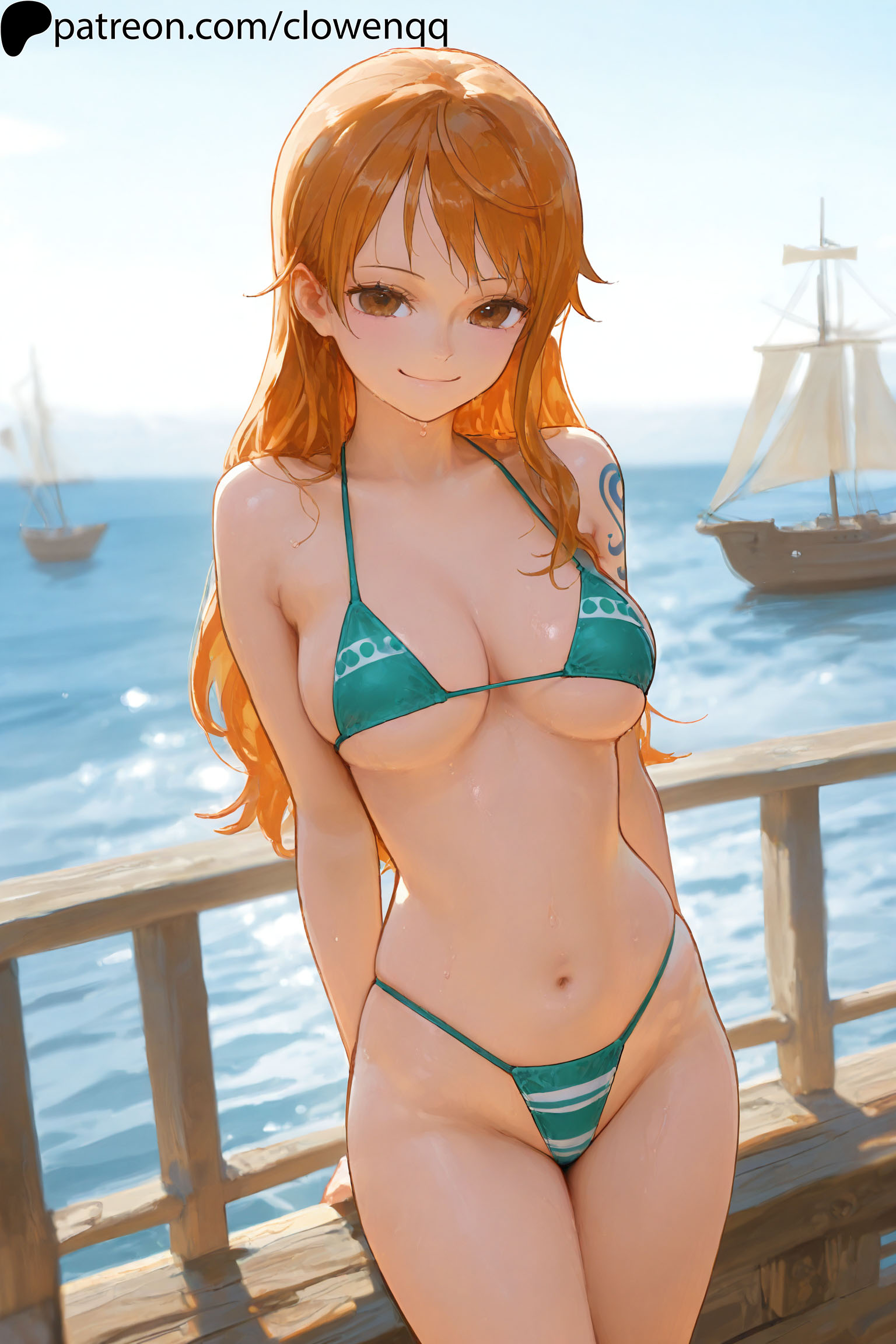 1girls, ai generated, arms behind back, big breasts, bikini, breasts, clothing, clowenqq, female, female focus, female only, front view, highres, looking at viewer, nami (one piece), navel, one piece, orange eyes, orange hair, smile, solo, solo female, solo focus, standing, tattoo, thighs