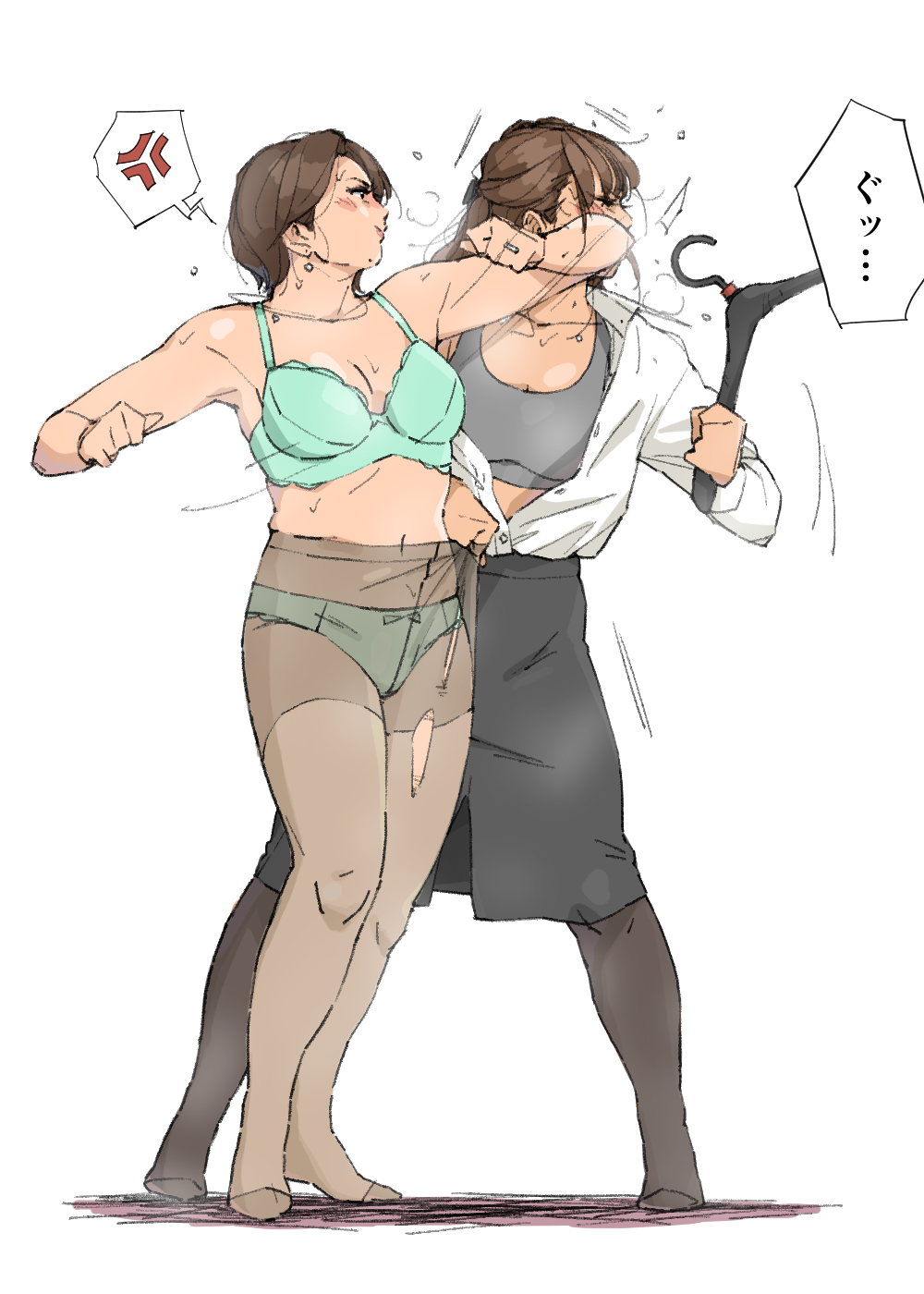 2girls anger_symbol angry angry_face armpits catfight elbow_spikes fight fighting jojoba kicking original original_characters pantyhose ripped_clothing ripped_pantyhose