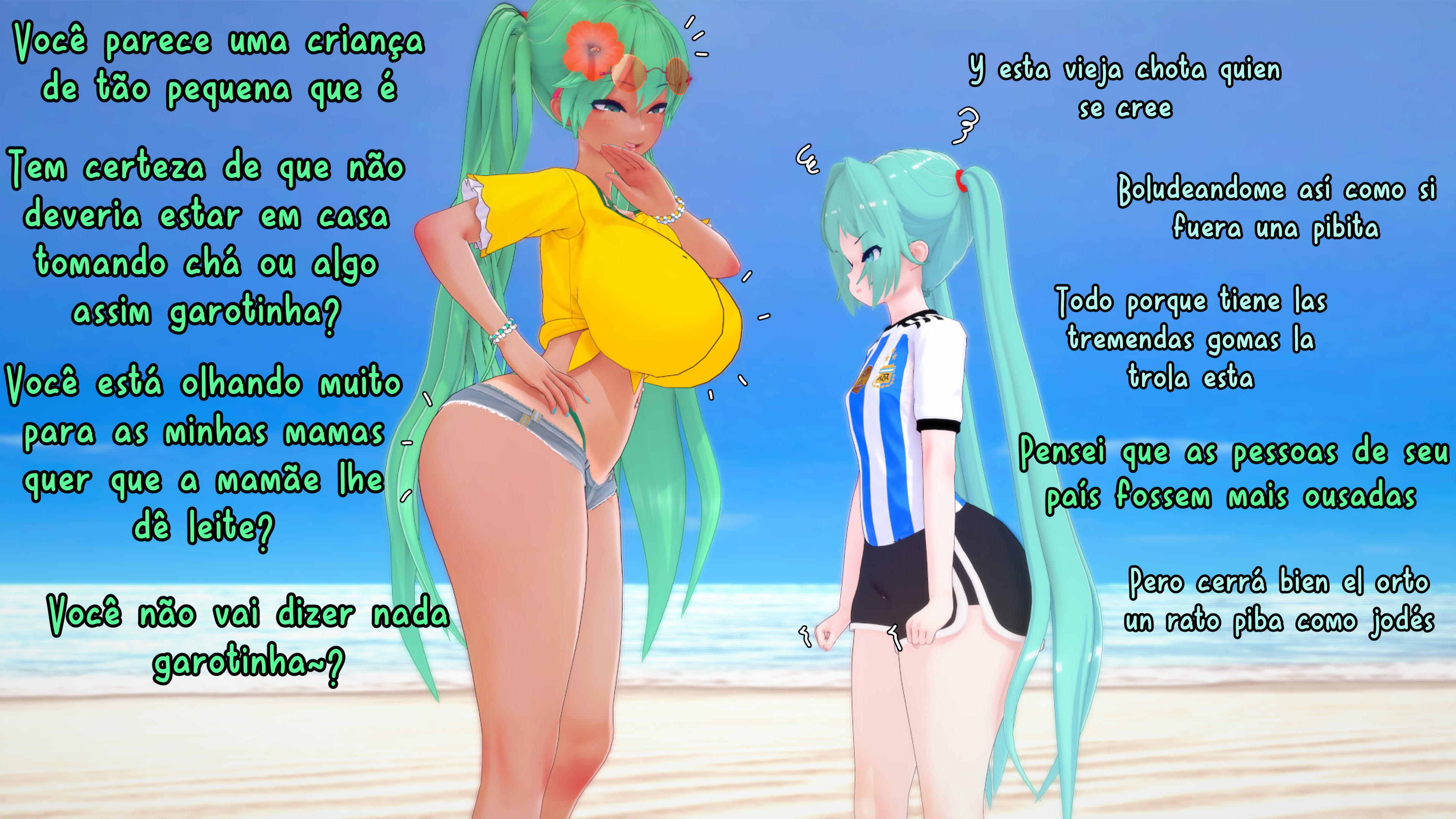 ?, 2girls, aqua hair, argentinian miku, ass, beach, blush, bracelet, brazilian miku, breast envy, breasts, clone, clothed, dual persona, english text, eyewear on head, female, flower, green eyes, green hair, hair flower, hair ornament, hand on hip, hatsune miku, height difference, hibiscus, huge ass, huge breasts, jewelry, long hair, midriff, multiple girls, navel, outdoors, ranguage, shirt, short shorts, shorts, smile, soccer uniform, tan, thick thighs, tied shirt, twintails, very long hair, vocaloid