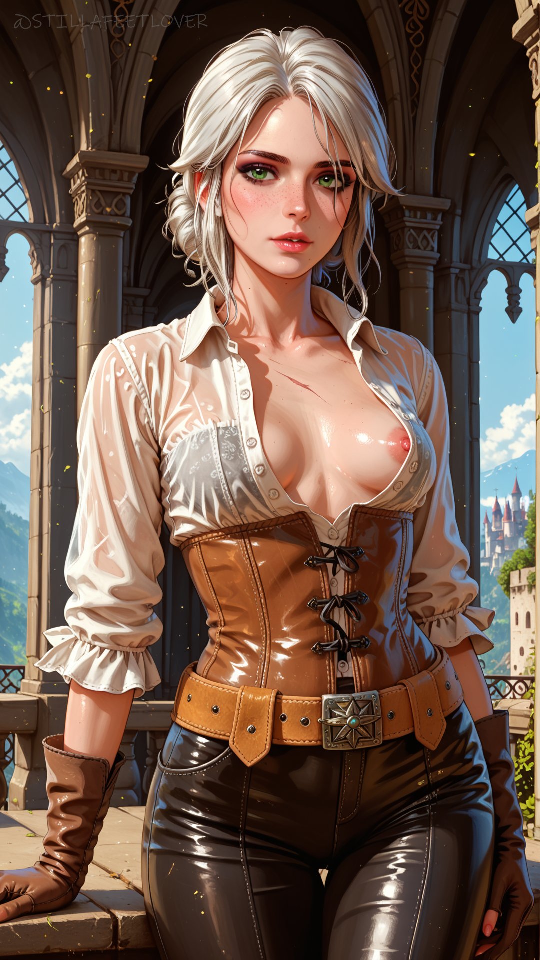 ai_generated breasts breasts_out ciri female freckles green_eyes light-skinned_female looking_at_viewer mascara nipples scar solo stillafeetlover the_witcher_(series) the_witcher_3:_wild_hunt white_hair