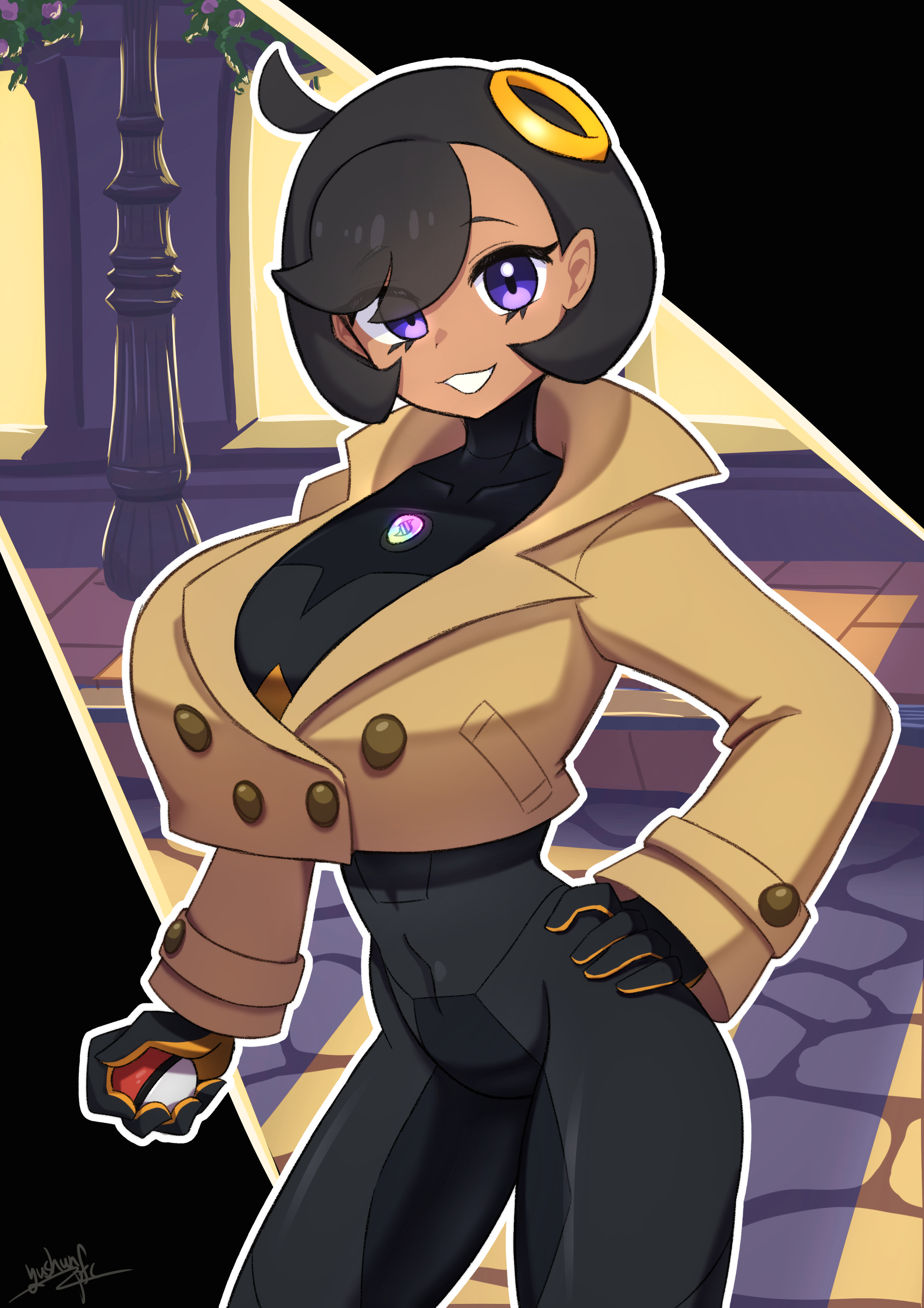 1girls, absurdres, alternate breast size (larger), big breasts, black bodysuit, black gloves, black hair, bodysuit, breasts, brown jacket, commentary, covered collarbone, covered navel, cowboy shot, dark skin, dark-skinned female, emma (pokemon legends: z-a), emma (pokemon), female, female only, game freak, gloves, grin, groin, hair between eyes, hair ornament, hand on own hip, highres, holding, holding poke ball, huge breasts, human, human only, jacket, looking at viewer, lumiose city, matiere (pokemon legends: z-a), matiere (pokemon), mega stone, night, nintendo, orange gloves, poke ball, poke ball (basic), pokemon, pokemon legends: z-a, purple eyes, short black hair, short hair, sidelocks, signature, smile, solo, standing, stomach, swept bangs, tomboyish, yushun (vymv3774)