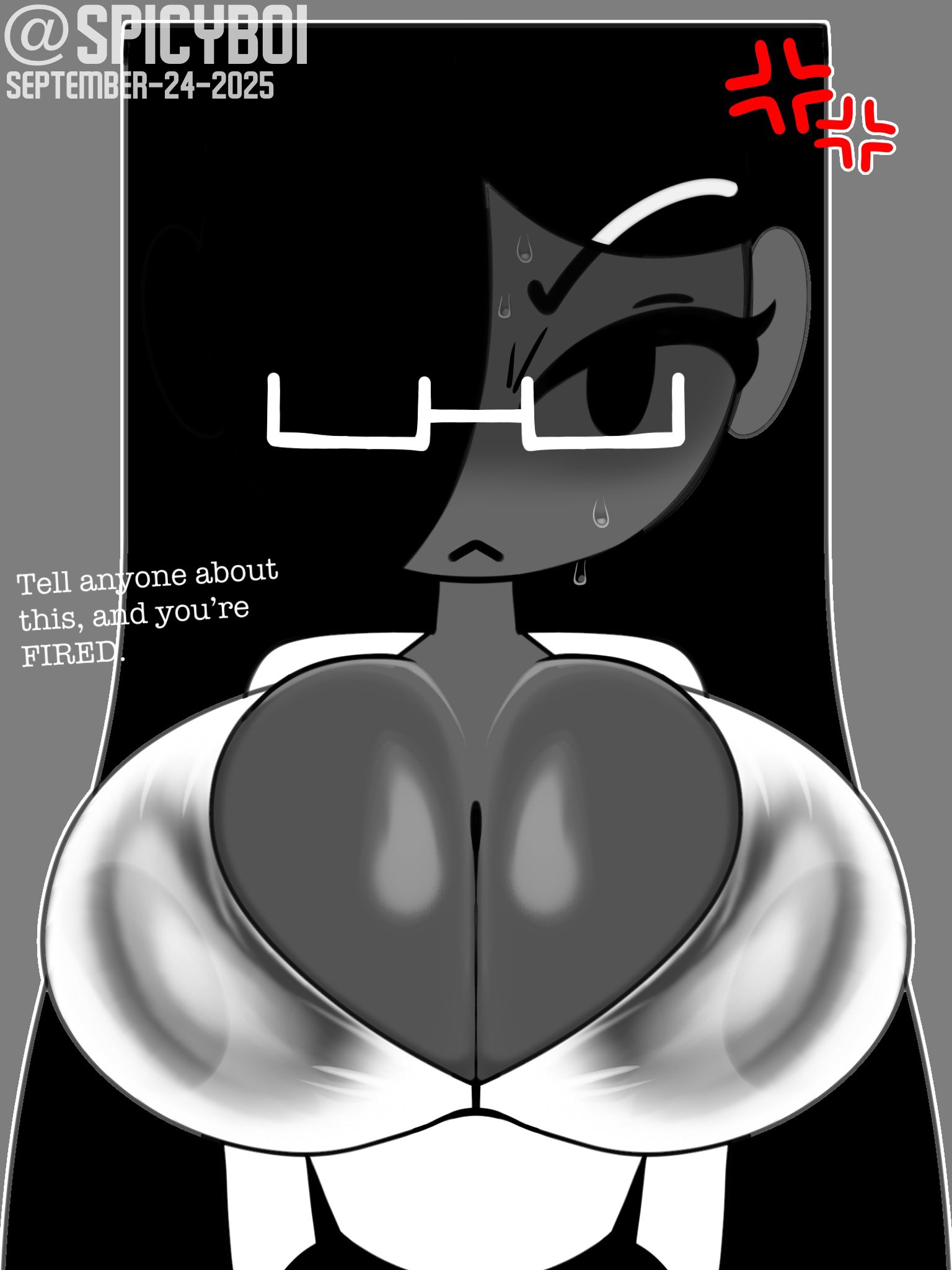 :<, 1girls, anger vein, angry, areolae visible through clothing, black eyes, black hair, breasts, cleavage, dated, dialogue, english text, female, glasses, grey background, grey skin, large breasts, office lady (atastic), open clothes, open shirt, original, original character, shaded face, spicyboi, sweat, tagme, twitter username, very long hair