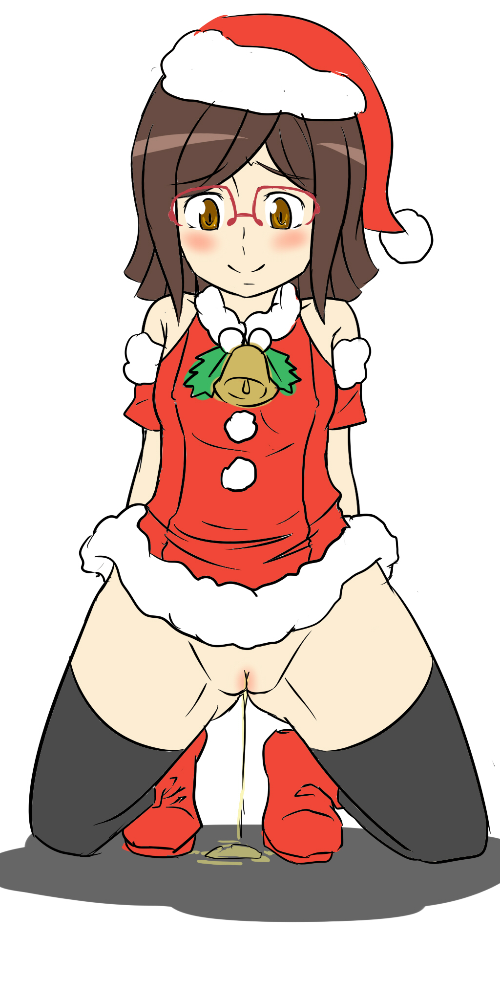 bell black_legwear blush boots brown_eyes brown_hair female glasses gundam gundam_build_fighters hat kneeling kousaka_china peeing pussy rountain santa_boots santa_costume santa_hat shadow short_hair simple_background smile solo thighhighs uncensored white_background young