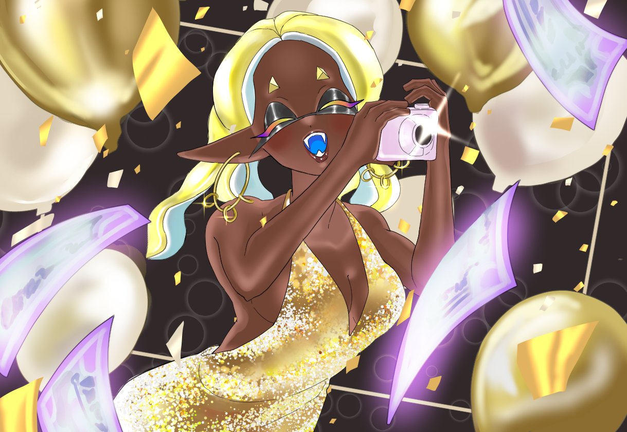 balloon balloons blonde_hair breasts camera cleavage closed_eyes closed_eyes dress earrings frye_(frostyfest_2025) frye_(splatoon) gold_dress lewa_nn nintendo no_bra no_bra_under_clothes open_mouth pointy_ears splatfest splatoon splatoon_3 tentacle_hair yellow_hair