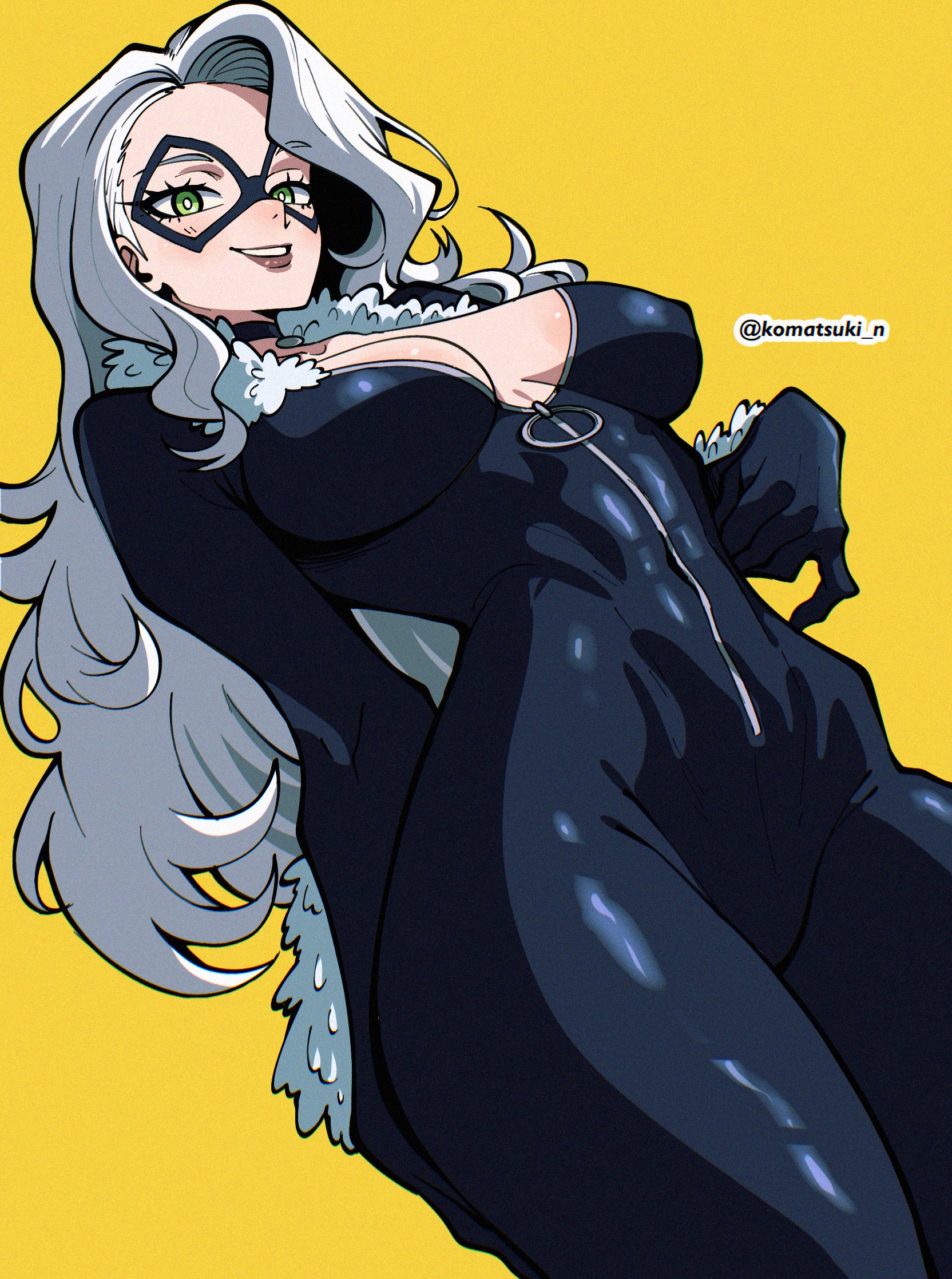 1girls, 2025, black cat (marvel), bodysuit, breasts, cleavage, curvy female, felicia hardy, female, green eyes, hourglass figure, komatsuki, komatsuki n, marvel, marvel comics, neckline, nipple bulge, seductive, seductive look, seductive smile, silver hair, skin tight, spider-man (series), superheroine, tagme, tight clothes, tight clothing, voluptuous, voluptuous female