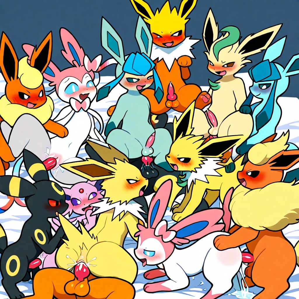 ai_generated animal_genitalia canine_penis eeveelution espeon feral feral_on_feral glaceon jolteon leafeon nintendo orgy pokemon pokemon_(species) sylveon umbreon