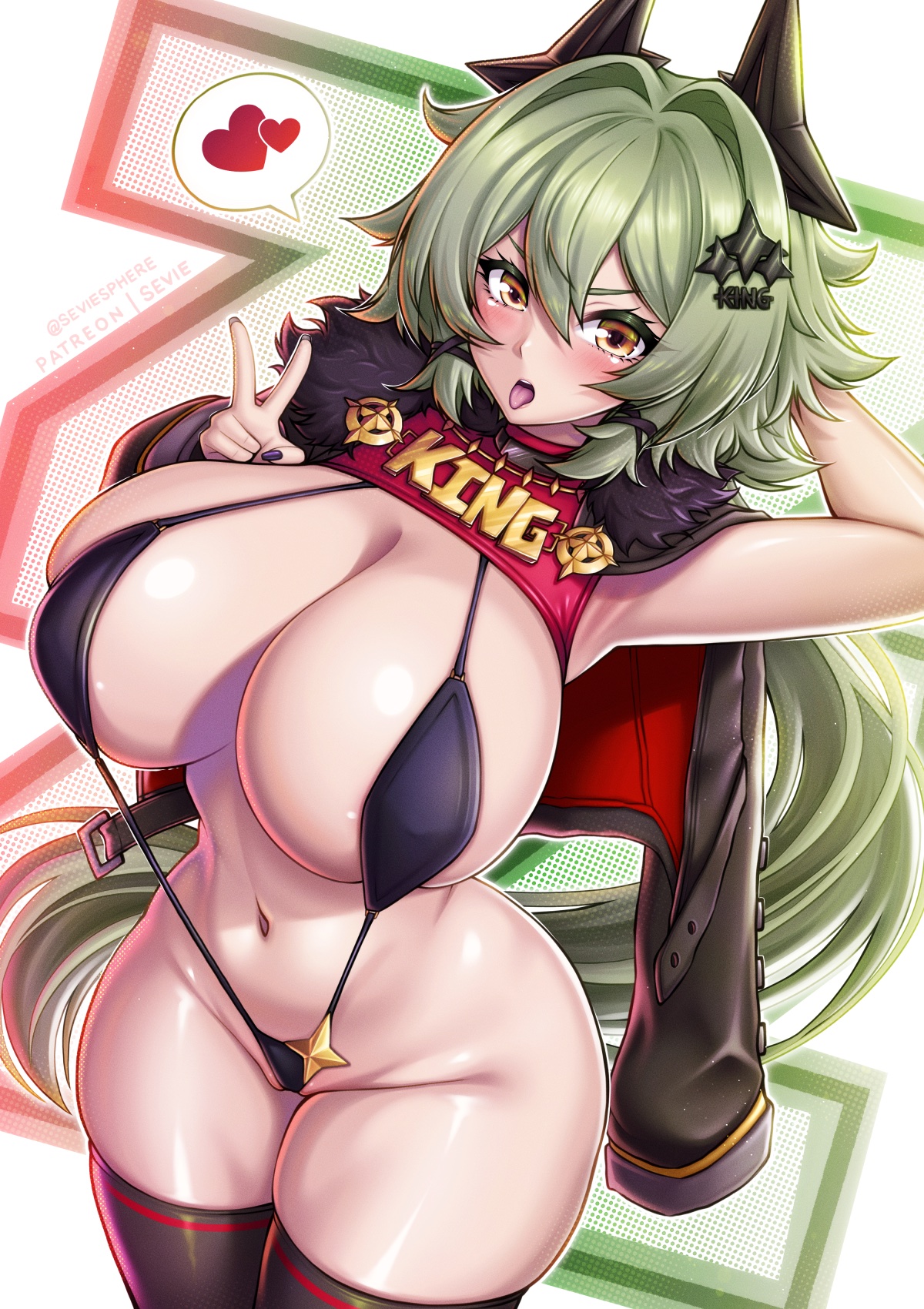 1girls, blush, breasts, caesar king, female, green hair, hips, hoyoverse, huge breasts, large breasts, light skin, light-skinned female, long hair, looking at viewer, mihoyo, mihoyo technology (shanghai) co. ltd., naughty face, navel, sevie, sling bikini, sons of calydon, thick thighs, thighs, wide hips, zenless zone zero