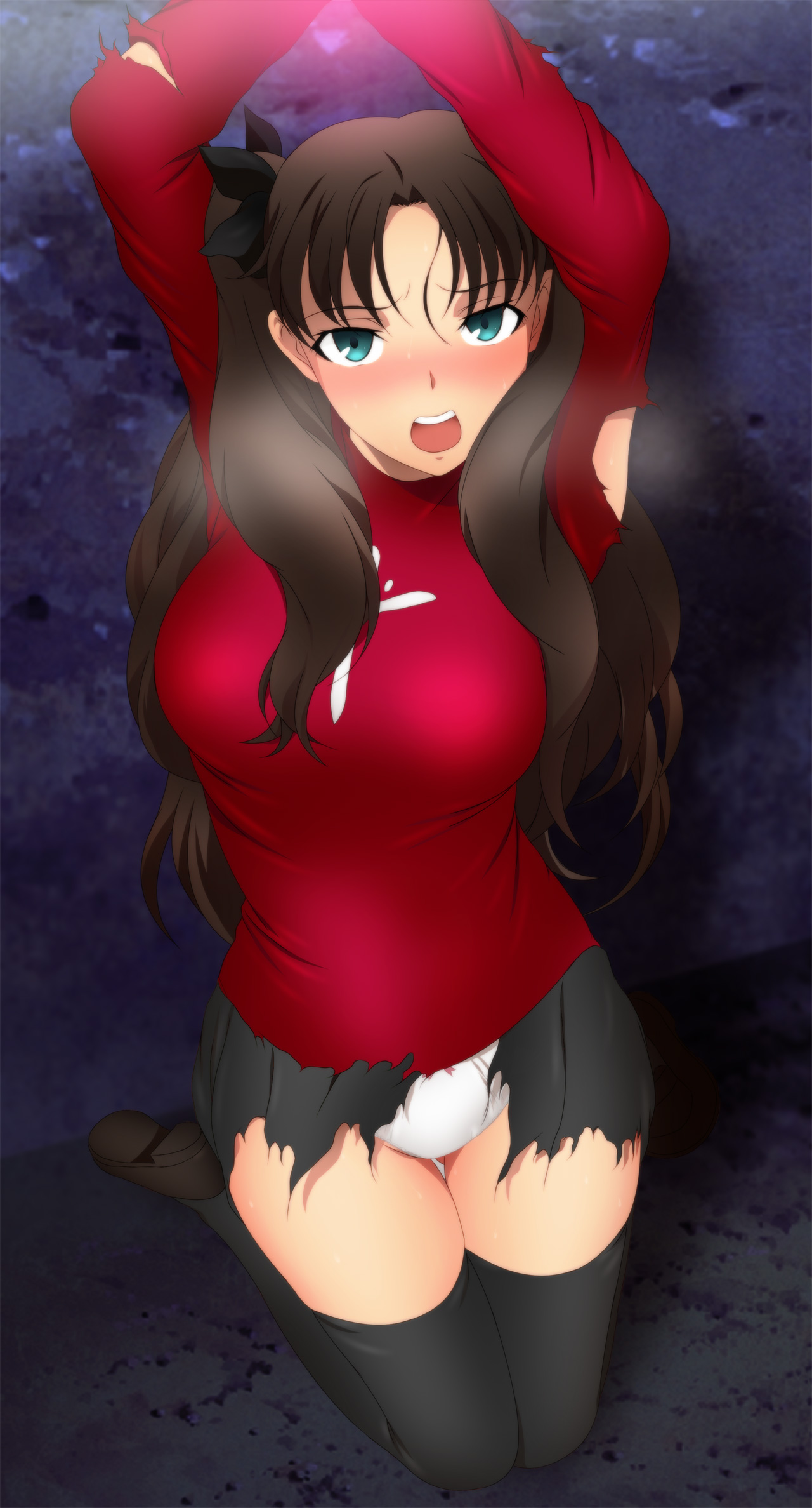 blush, bondage, breasts, brown hair, fate (series), fate/stay night, female, green eyes, large breasts, looking at viewer, open mouth, panties, red sweater, skirt, sweater, thighhighs, thighs, tohsaka rin, torn clothes, torn skirt, twintails, white panties, yadokari genpachirou