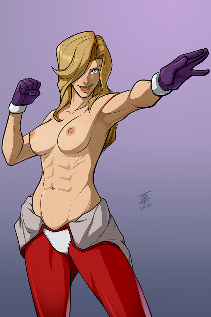 1girls 2013 abs artist_signature blonde_hair blue_eyes breasts dated f-zero female female_only gloves grey_eyes hair_over_one_eye long_hair medium_breasts mrs._arrow muscular muscular_female navel nintendo no_bra obliques open_mouth pose posing purple_gloves red_bottomwear red_pants simple_background solo solo_female solo_focus standing topless zet13