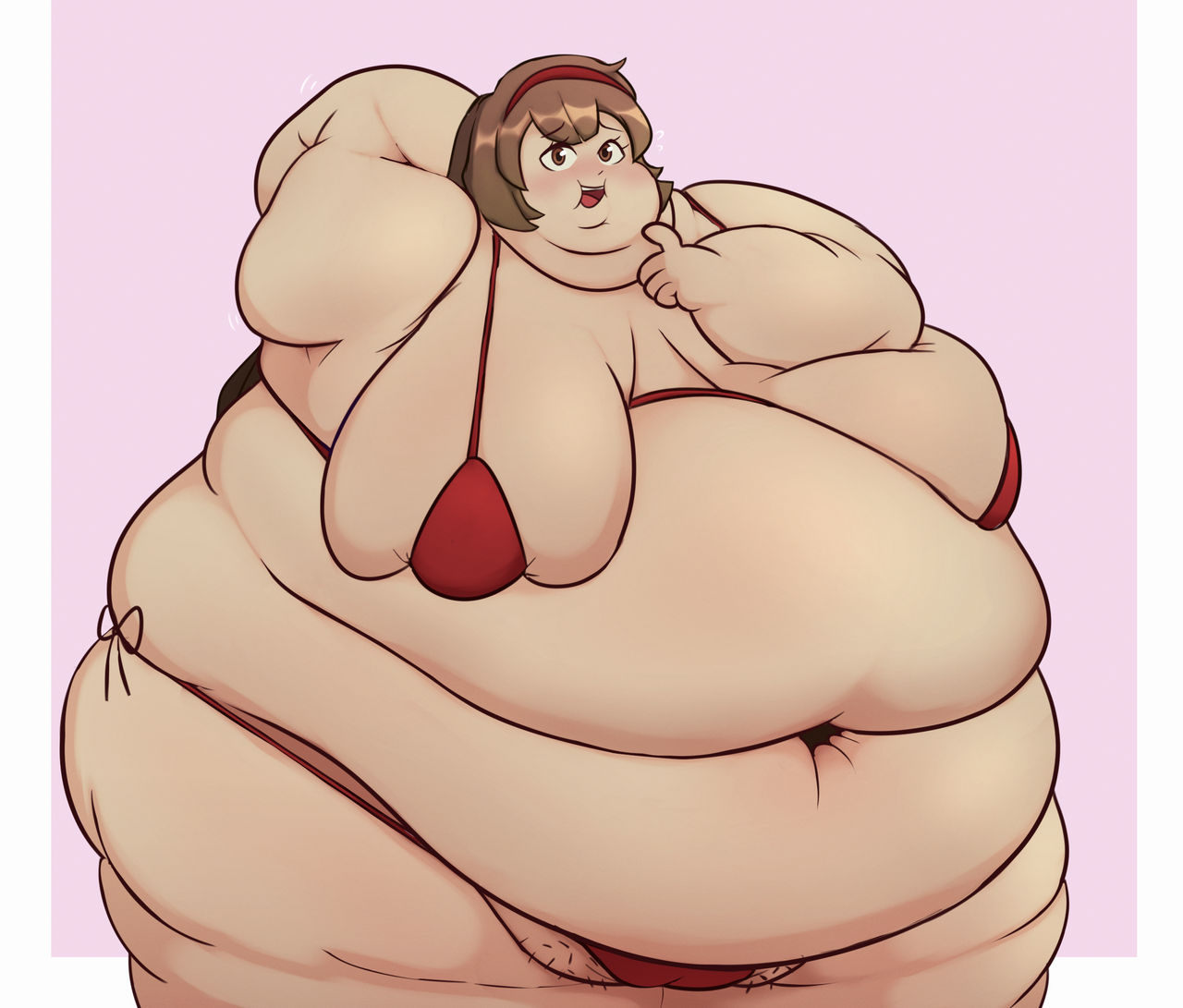 1girls, alternate ass size, alternate body size, alternate breast size, alternate costume, arm behind head, arm on breast, arm rolls, armpit, ass, bangs, bbw, belly, belly button, belly overhang, bikini, bikini only, blush, blushing, breast rest, breasts, breasts on belly, brown eyes, brown hair, brown-eyed female, brown-haired female, chubby cheeks, color, colored, deep navel, deep skin, digital media (artwork), double belly, double chin, exposed fat belly, fat, fat arms, fat ass, fat belly, fat breasts, fat exposed belly, fat face, fat folds, fat hands, fat legs, fat rolls, fat thighs, feet out of frame, female, female focus, fupa, gigantic belly, hairband, hand behind head, huge belly, huge breasts, huge thighs, leg rolls, legs together, library of ruina, light skin, light-skinned female, lingerie, lingerie only, long hair, looking at viewer, malkuth (lobotomy corporation), morbidly obese, morbidly obese female, motion lines, navel, nose blush, obese, obese female, open mouth, overweight, overweight female, project moon, pubic hair, pubic mound, pubic stubble, red bikini, sagging breasts, shaded, sideass, simple background, skindentation, slight blush, solo, ssbbw, swissrolls, thick thighs, three-quarter view, thunder thighs, video game character, video games, white border, wide hipped female, wide hips