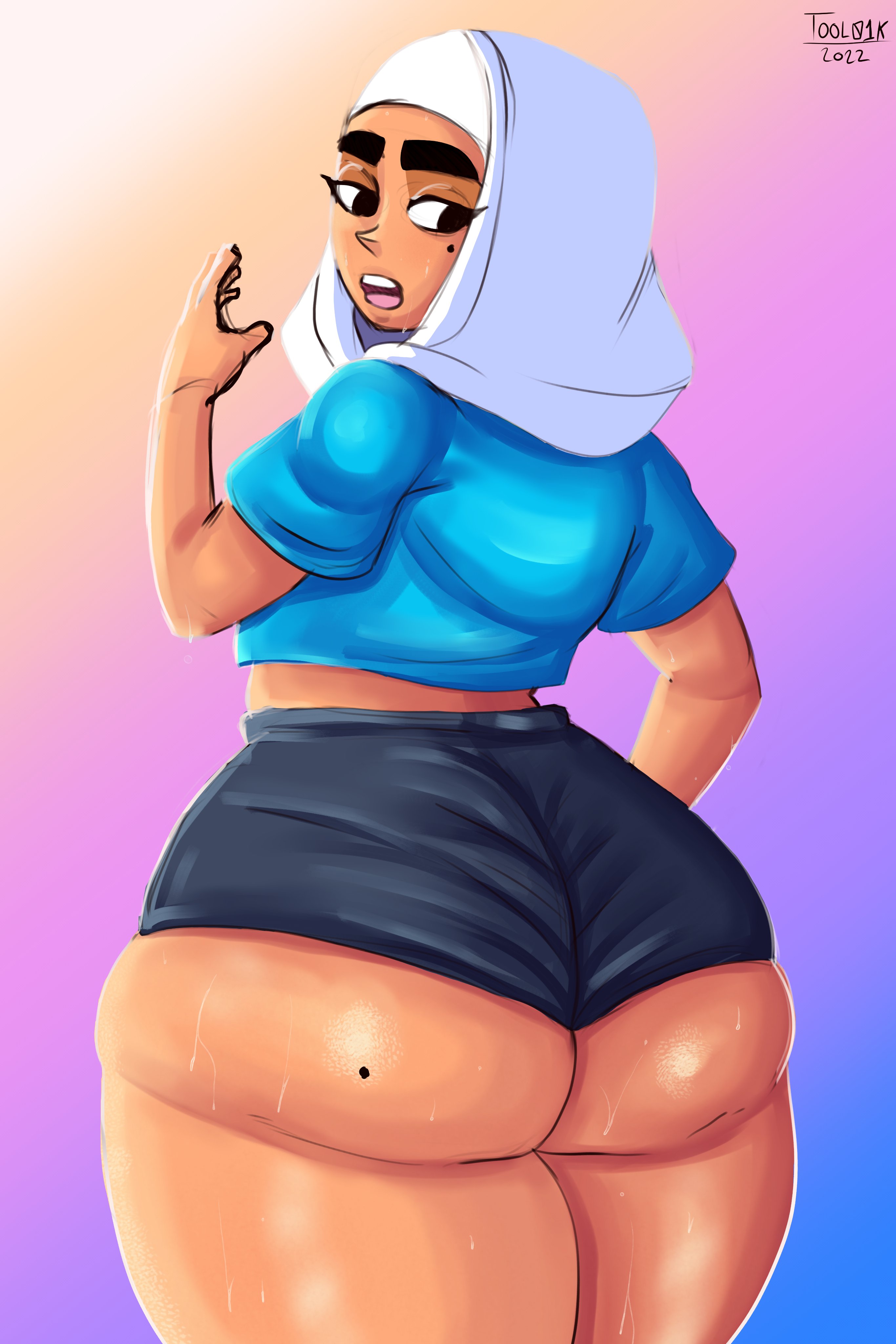 1girls, ass, ass eating shorts, beauty mark, beauty mark on ass, beauty mark under eye, beauty marks, big ass, big butt, bottom heavy, bubble ass, bubble butt, butt crack outline, clothing, fat ass, female, female only, glitch techs, hand on hip, hijab, huge ass, huge butt, looking at viewer, looking back, nickelodeon, shirt, shorts, solo, standing, sweat, thick ass, thick eyebrows, tool01k, watermark, wedgie, zahra rashid