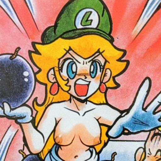 1boy blonde_hair blue_eyes bomb breasts earrings edit edited_image edited_official_artwork female female friendly_floyd gloves luigi_hat male navel nipples nude nude_edit princess princess_peach sirfanvice super_mario_adventures super_mario_bros. topless topless_female white_gloves