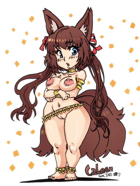 animal_ear_fluff animal_ears animal_tail anklet areolae armlet barefoot belly_chain blue_eyes blush bracelet breasts brown_hair caleen_keemosn chibi cleft_of_venus commission crossed_arms eyebrows_visible_through_hair feet female female female_only fox_ear fox_ears fox_girl fox_tail full_body gold_chain hair_ornament hair_ribbon jewelry kemonomimi kitsunemimi large_areolae large_breasts long_hair looking_at_viewer mabeelz multiple_tails navel nipples nude open_mouth original ribbon runes signature simple_background solo standing star_ocean star_ocean_anamnesis tail thighs tied_hair toes twintails vagina very_long_hair white_background