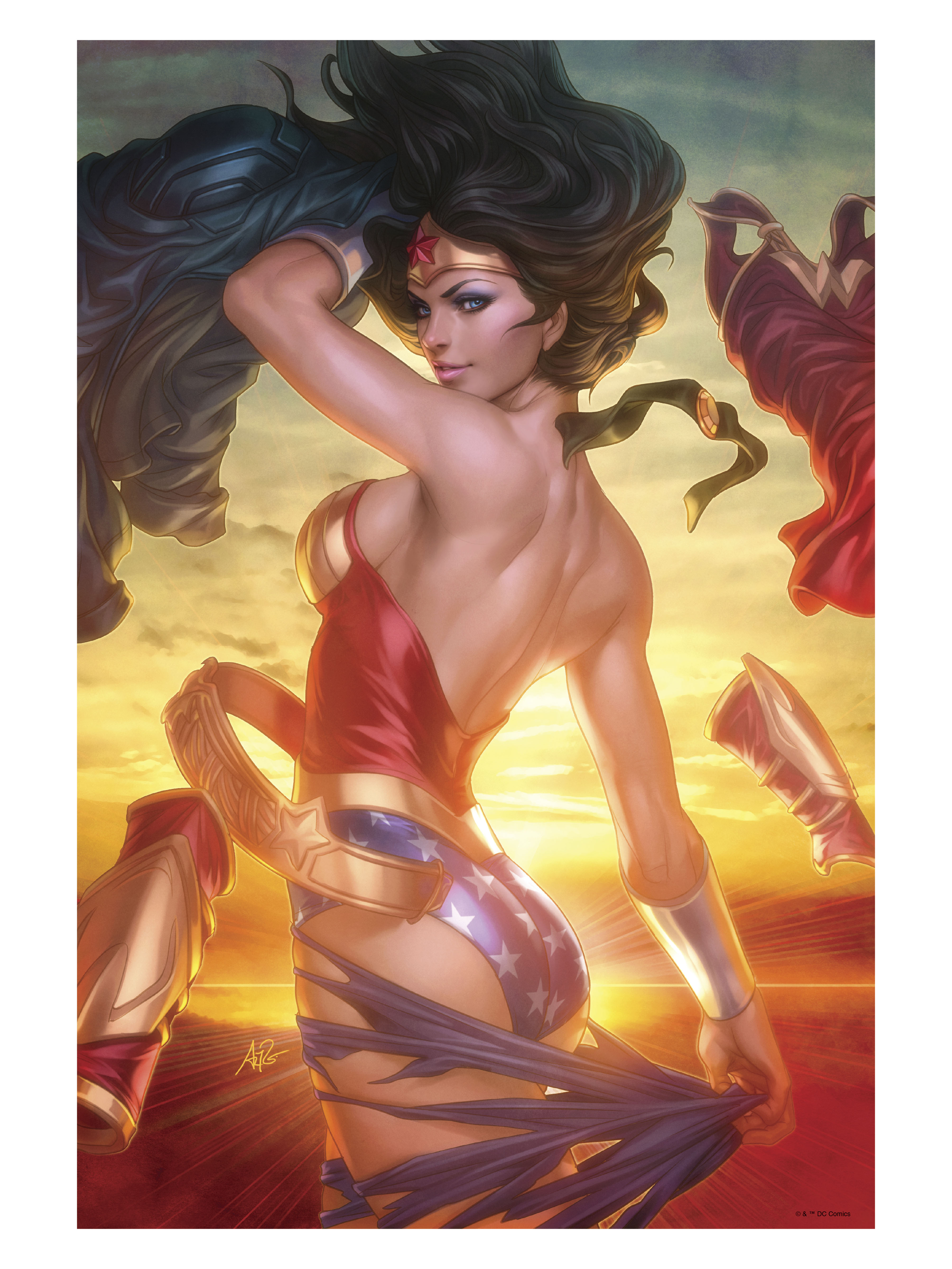 absurdres, ass, bare shoulders, black hair, blue eyes, breasts, dc, dc comics, female, floating hair, from behind, highres, large breasts, leotard, long hair, looking at viewer, official art, parted lips, signature, solo, stanley lau, star (symbol), strapless, strapless leotard, superhero costume, tearing clothes, tiara, torn clothes, wonder woman, wonder woman (series)