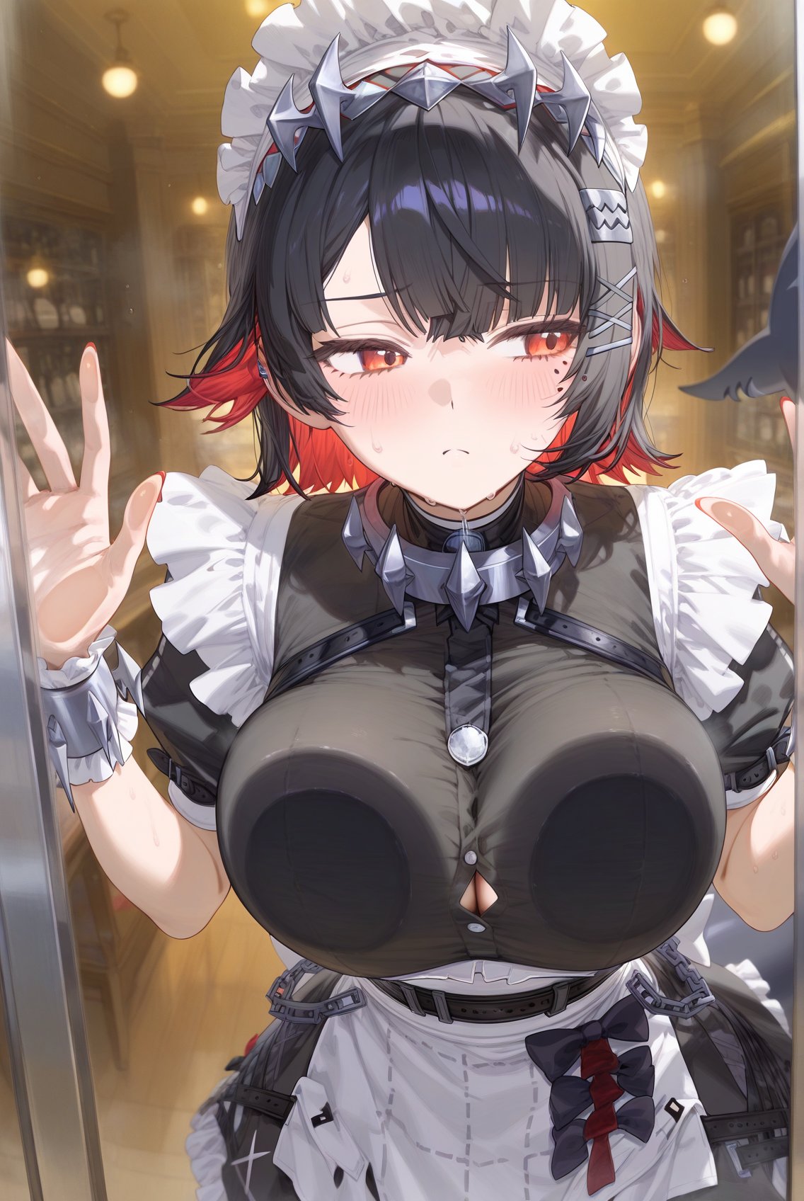 1girls against_glass ai_generated breast_press breast_squish busty ellen_joe female large_ass maid punk short_hair zenless_zone_zero