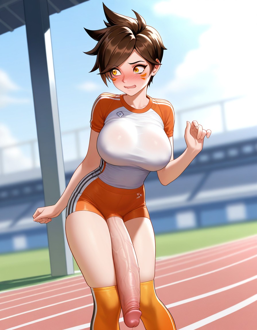 ai_generated big_ass big_breasts blush embarrassed flaccid futanari huge_cock overwatch sports_bra sweat thick_thighs tracer zynai