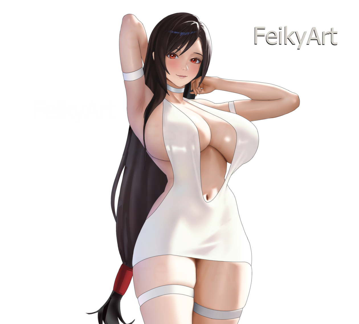 1girls, 2d, feikyart, female, female only, final fantasy, final fantasy vii, solo, square enix, tifa lockhart, voluptuous female, white dress
