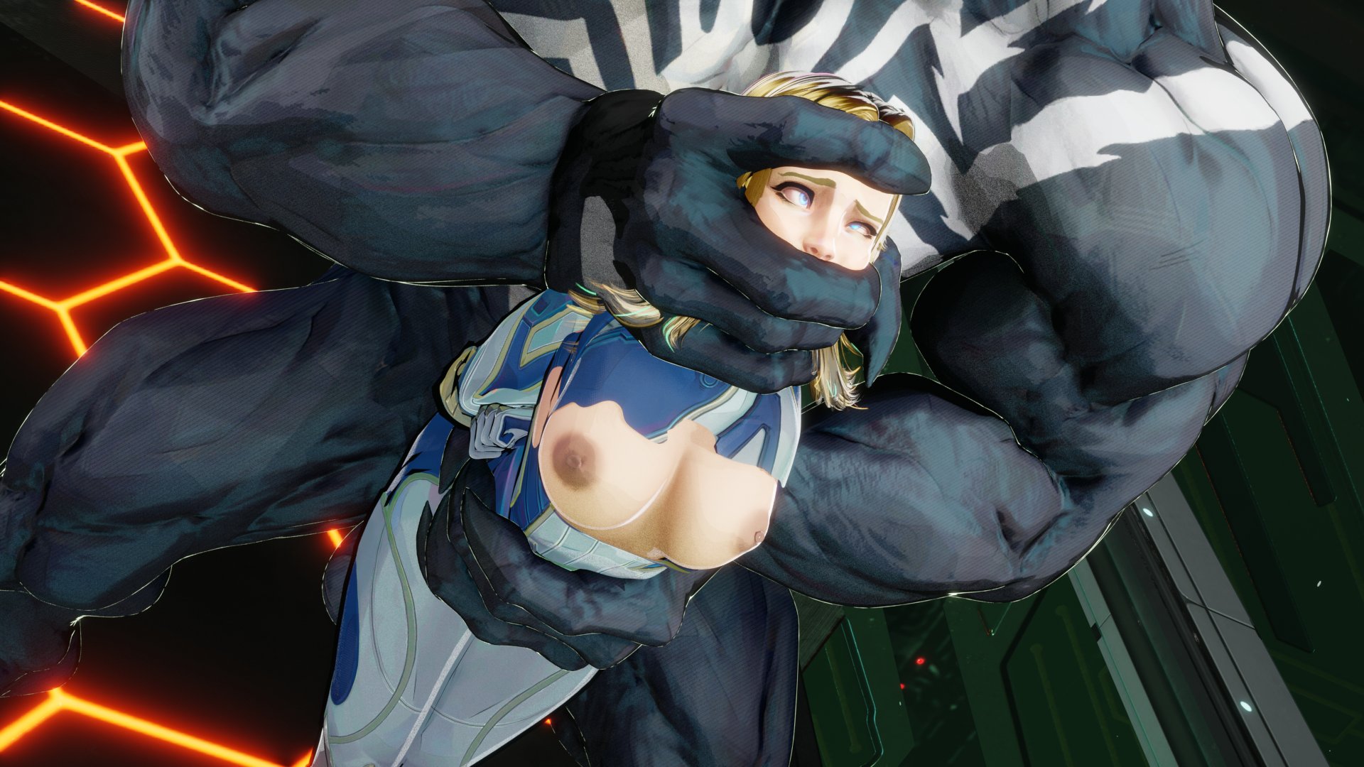 3d, female, hand around waist, hand on head, invisible woman, invisible woman (marvel rivals), male, marvel, marvel comics, marvel rivals, monster, one eye closed, ripped bodysuit, ripped clothing, slayed.coom, sue richards, sue storm, venom (marvel rivals), venom (marvel)
