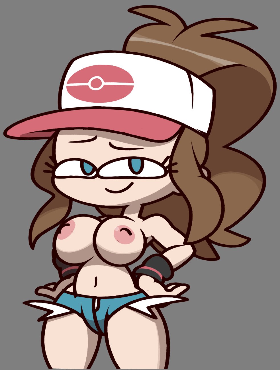 baseball_cap blue_eyes blue_shorts breasts brown_hair creatures_(company) denim denim_shorts female female female_only game_freak grey_background hands_on_own_hips hat highres hilda_(pokemon) large_breasts long_hair looking_at_viewer navel nintendo nipples pink_nipples poke_ball_symbol pokemon pokemon_bw ponytail short_shorts shorts smile solo solo_female standing topless vilepluff white_headwear wristband