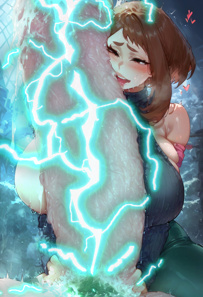 ai_generated bimbo brown_hair clothed_female_nude_male eclr floating_heart glowing_penis huge_breasts hyper_penis izuku_midoriya licking_penis ochako_uraraka penis_awe tongue_out