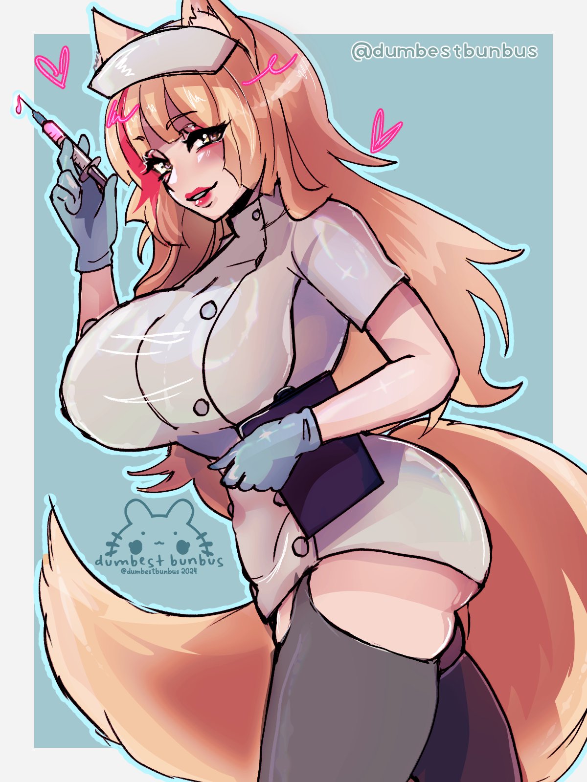 big_ass blonde_hair dumbusbunbus fox_ears fox_girl fox_tail gold_eyes hearts_around_head large_breasts nurse_uniform syringe thick_thighs tight_clothing