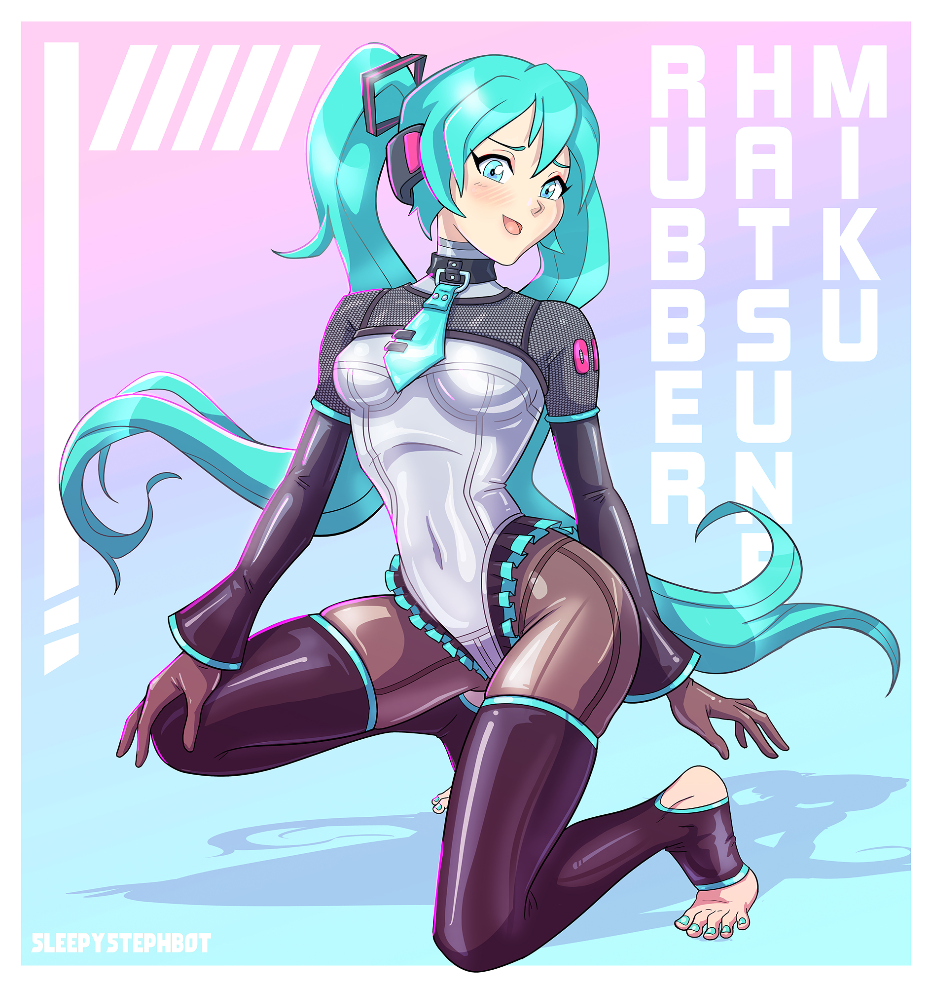 1girl, adapted costume, aqua eyes, aqua hair, blue eyes, blue hair, blush, bodysuit, breasts, collar, covered navel, feet, female, female only, full body, fully clothed, glove, gloves, hatsune miku, latex, latex clothing, leotard, long hair, looking at viewer, nail polish, necktie, open mouth, painted nails, painted toenails, race queen, shiny clothes, sleepystephbot, smile, solo, stockings, thigh highs, thighhighs, tight clothing, toeless legwear, toenail polish, toenails, toes, twintails, very long hair, vocaloid, white leotard