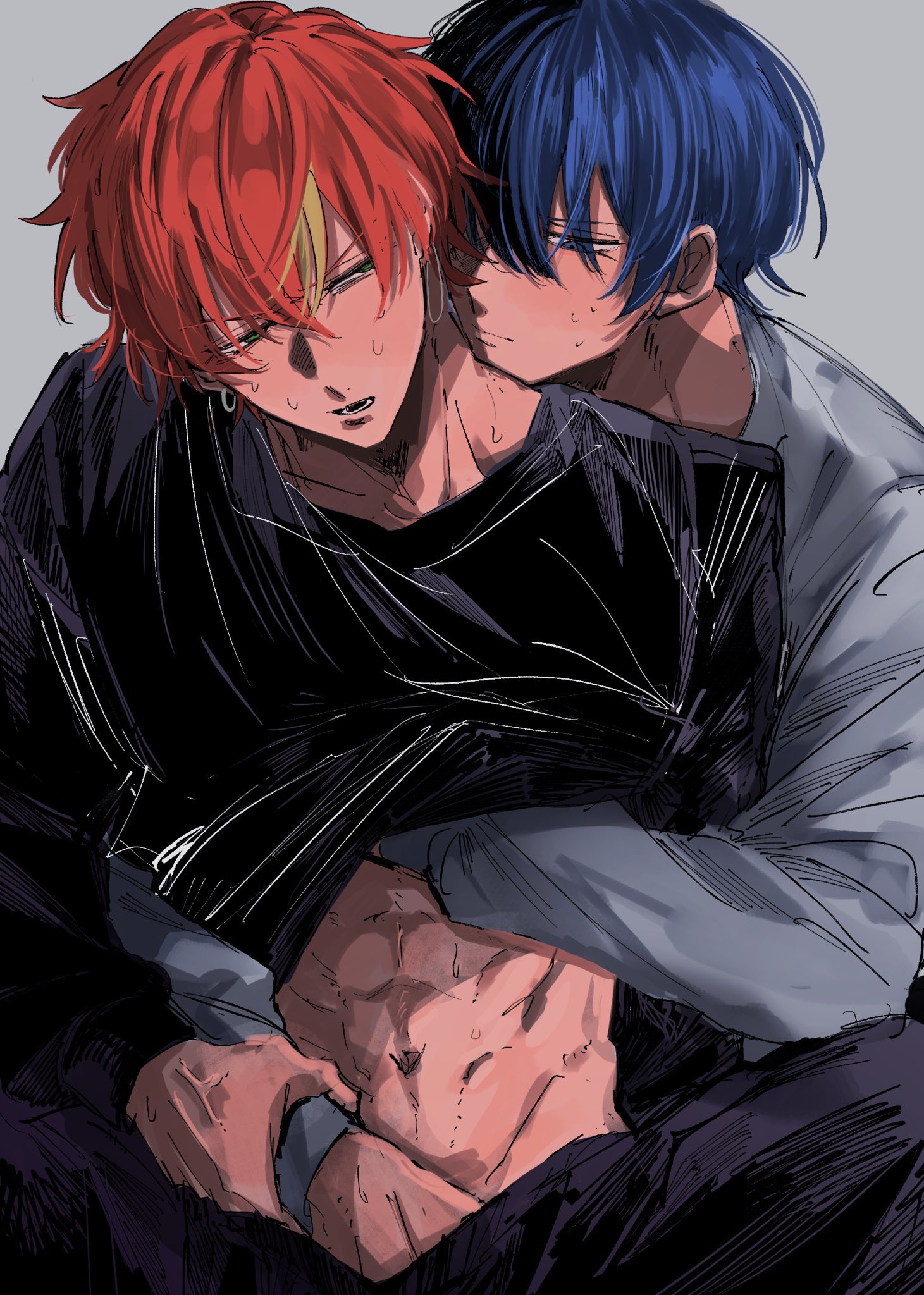 2boys, 2male, 2men, aoyagi touya, blue hair, breasts, clothed, clothing, grey background, groping, groping breasts, groping from behind, groping through clothes, hand in pants, hand in underwear, hands in pants, holding, jnjnkrn, male, male only, orange hair, project sekai, shinonome akito, split-color hair, yaoi