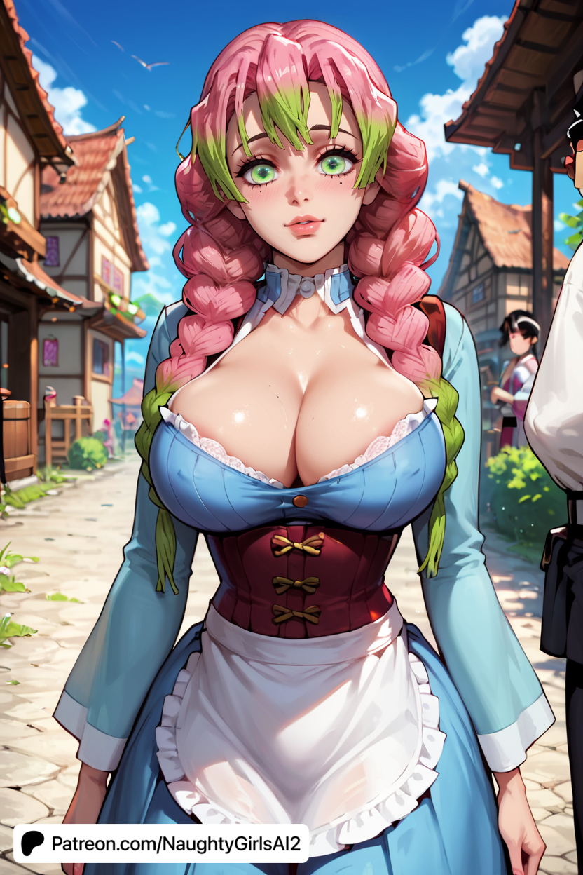 ai_generated apron artist_name bangs big_breasts blue_sky blush braid breasts building castle city cleavage cloud cloudy_sky collarbone day demon_slayer dress female frilled_apron gradient_hair green_eyes green_hair heart house kanroji_mitsuri kimetsu_no_yaiba large_breasts lips long_hair long_sleeves looking_at_viewer maid mole mole_under_eye multicolored_hair naughtygirlsai outdoors pink_hair puffy_sleeves road skirt sky smile solo_focus street town tree twin_braids waist_apron white_apron