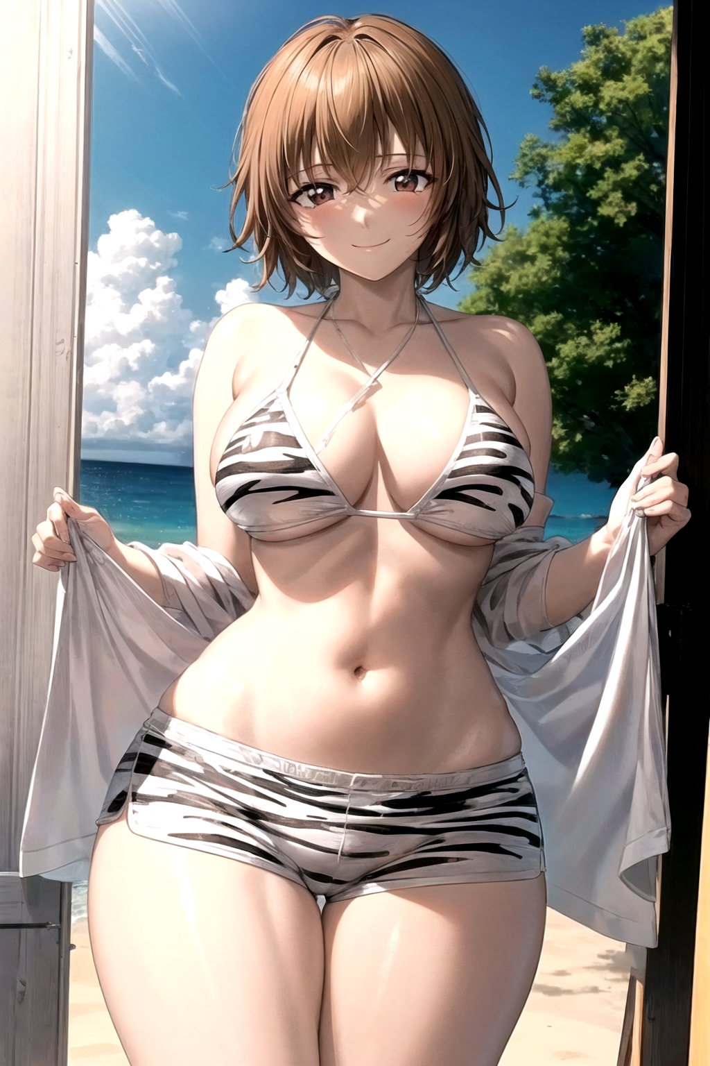 1girl ai_generated animal_print bare_shoulders beach bikini blue_sky blush breasts brown_eyes brown_hair cleavage closed_mouth cloud collarbone cowboy_shot day dolphin_shorts female halterneck jewelry large_breasts looking_at_viewer mao_(reinou_tantei_miko) navel necklace ocean off_shoulder open_clothes open_shirt outdoors pixiv print_bikini reinou_tantei_miko rena_aikawa_(pixiv_user) shirt short_hair short_shorts shorts sky smile solo stable_diffusion standing stomach swimsuit tagme thigh_gap thighs tiger_print tree white_shirt