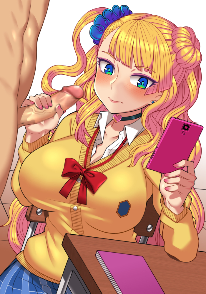 1boy 1girls black_choker blonde_hair blue_eyes blue_scrunchie blue_skirt blush bow bowtie breasts cardigan cellphone censored chair choker closed_mouth clothed_female_nude_male collared_shirt desk earrings female galko gyaru hair_ornament hair_scrunchie handjob heart heart_choker holding holding_phone jewelry large_breasts long_sleeves male male/female mosaic_censoring multitasking notebook nt00 nude oshiete!_galko-chan penis phone pink_nails plaid_clothes plaid_skirt red_bow red_bowtie school_chair school_desk school_uniform scrunchie shirt sitting skirt smartphone solo_focus straight white_shirt yellow_cardigan