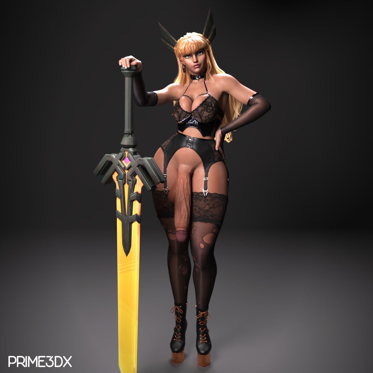 1futa 3d big_ass big_breasts blonde_hair dickgirl futa_only futanari magik_(illyana_rasputin) magik_(marvel_rivals) marvel marvel_rivals prime3dx solo standing sword thick_thighs