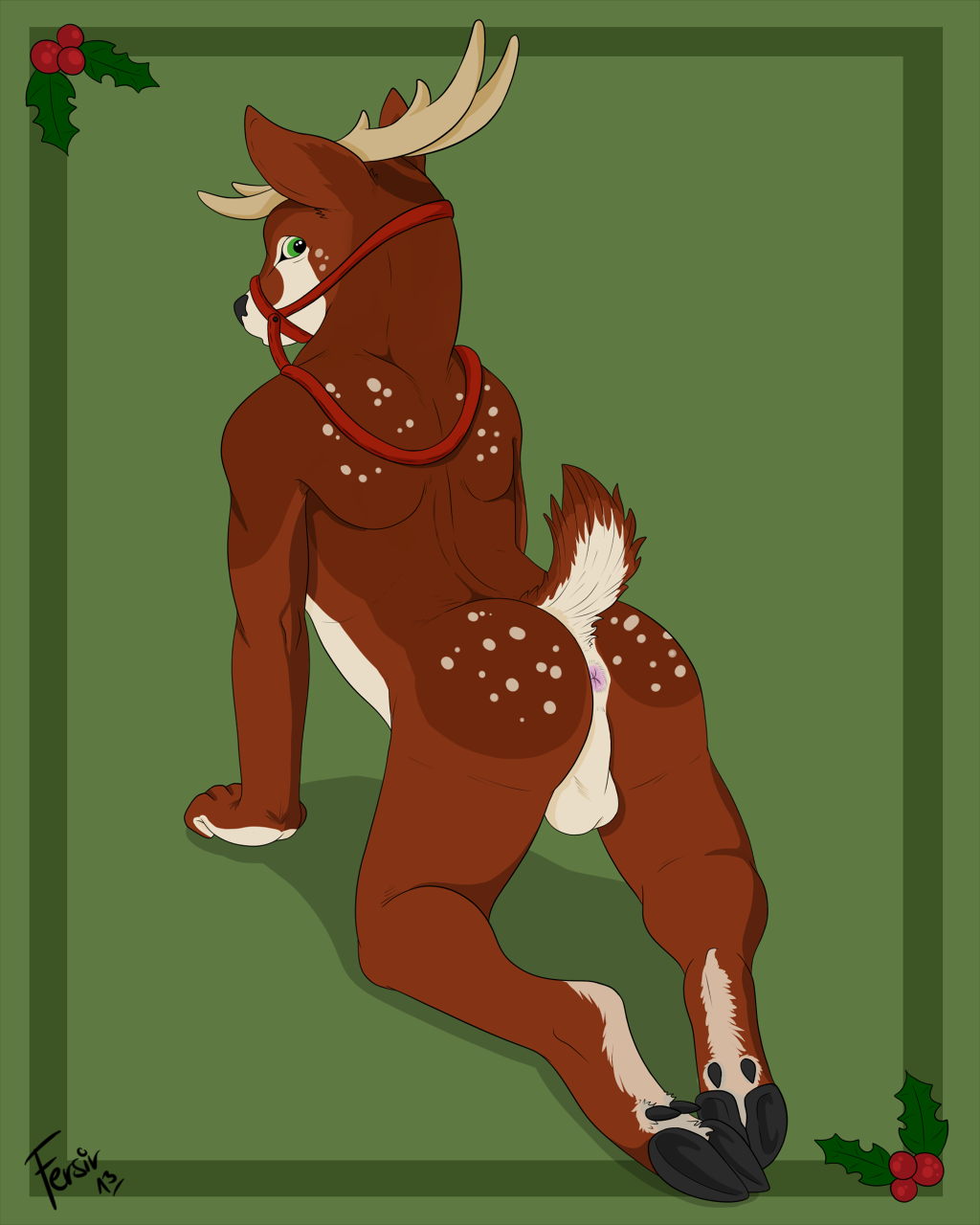 all_fours antlers anus ass balls border cervine christmas fersir green_background green_eyes holidays hooves horn looking_back male male_only mistletoe pinup plain_background presenting raised_tail reindeer shadow spots