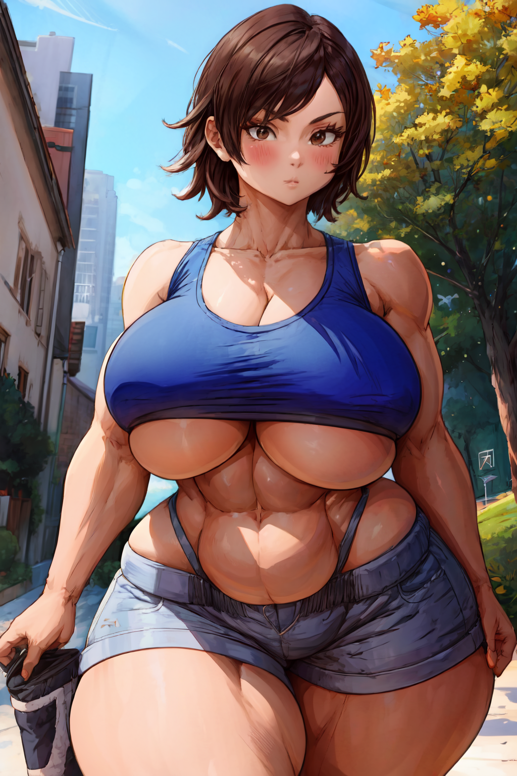 1girls abs ai_generated asian asian_female bandai_namco bare_arms bare_legs bare_shoulders brown_eyes brown_hair curvaceous curvy_female eyes female female_only holding_object hourglass_figure kazama_asuka large_breasts light-skinned_female light_skin muscular_arms muscular_female muscular_thighs outdoors plump short_hair short_shorts tampopo tank_top tekken tekken_7 thick thick_thighs voluptuous voluptuous_female walking wide_hips