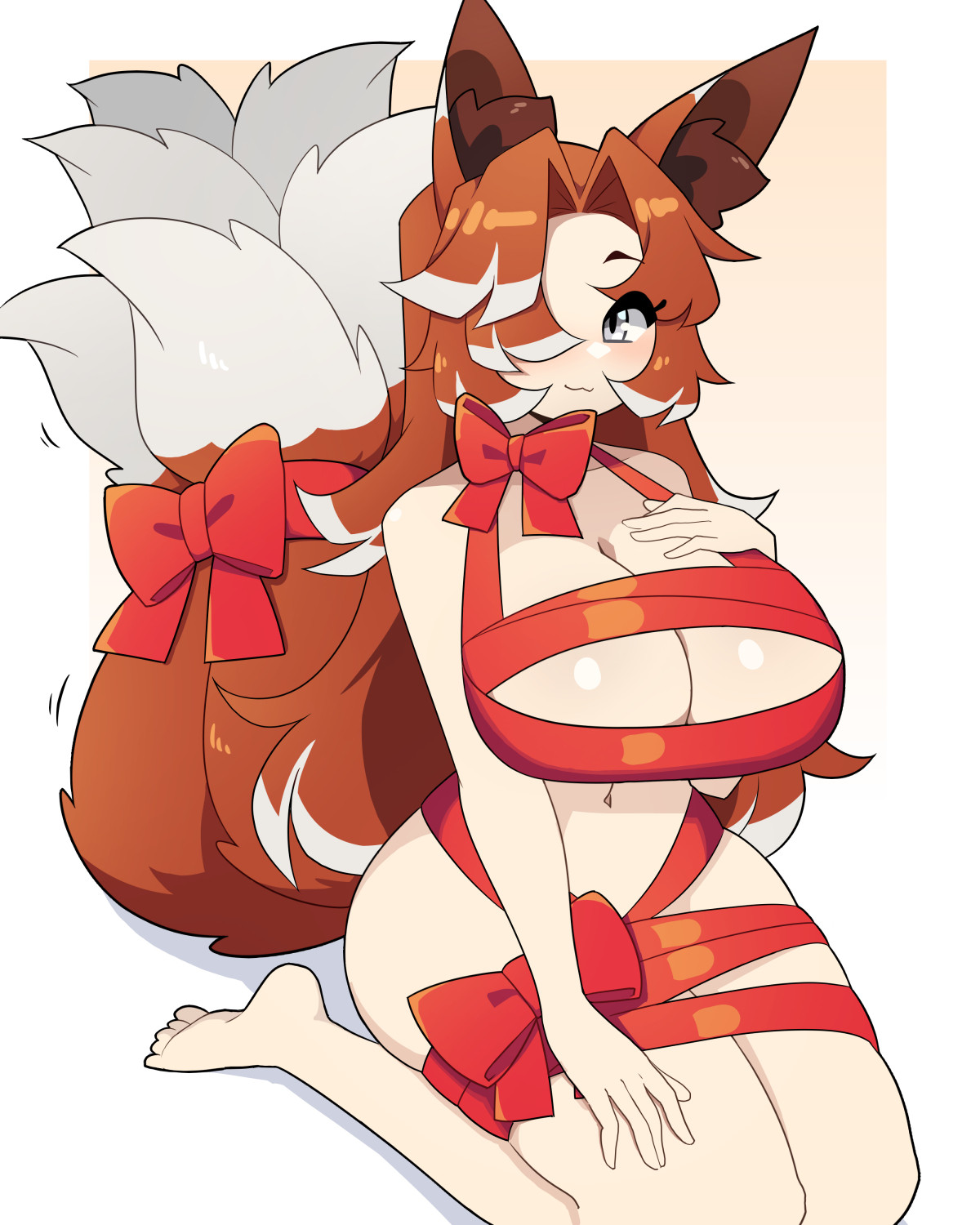 1girls, big breasts, brown hair, commission, ear tuft, female, female only, fox ears, fox girl, fox tail, gift wrapping, hair over one eye, hi res, highlights (coloring), j5daigada, kneeling, long hair, looking at viewer, multi tail, nude, smiling, smiling at viewer, solo, tail, white eyes, white highlights, wrappings