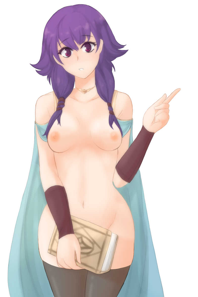 1girls book bracer breasts cape female female_only fire_emblem fire_emblem:_the_sacred_stones lute_(fire_emblem) navel purple_eyes purple_hair small_breasts solo solo_focus thighhighs tridisart