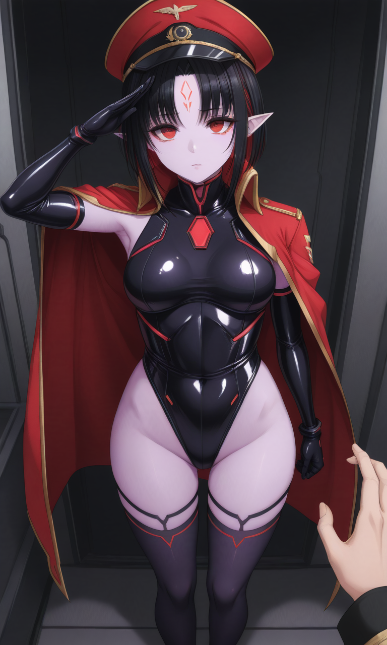 ai_generated black_gloves black_hair black_leotard black_thighhighs brainwashed brainwashing cape corrupted corruption dark_eyes demon_girl elf elf_ears enemy_conversion gloves hypnosis leotard mind_control obedience obedient obedient_sub opera_gloves pixai purple_skin red_cape red_eyes salute saluting short_hair submissive_female succubus thick_thighs thighhighs utter_domination